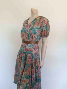 1970s vintage green floral dress with pleated skirt by janelle