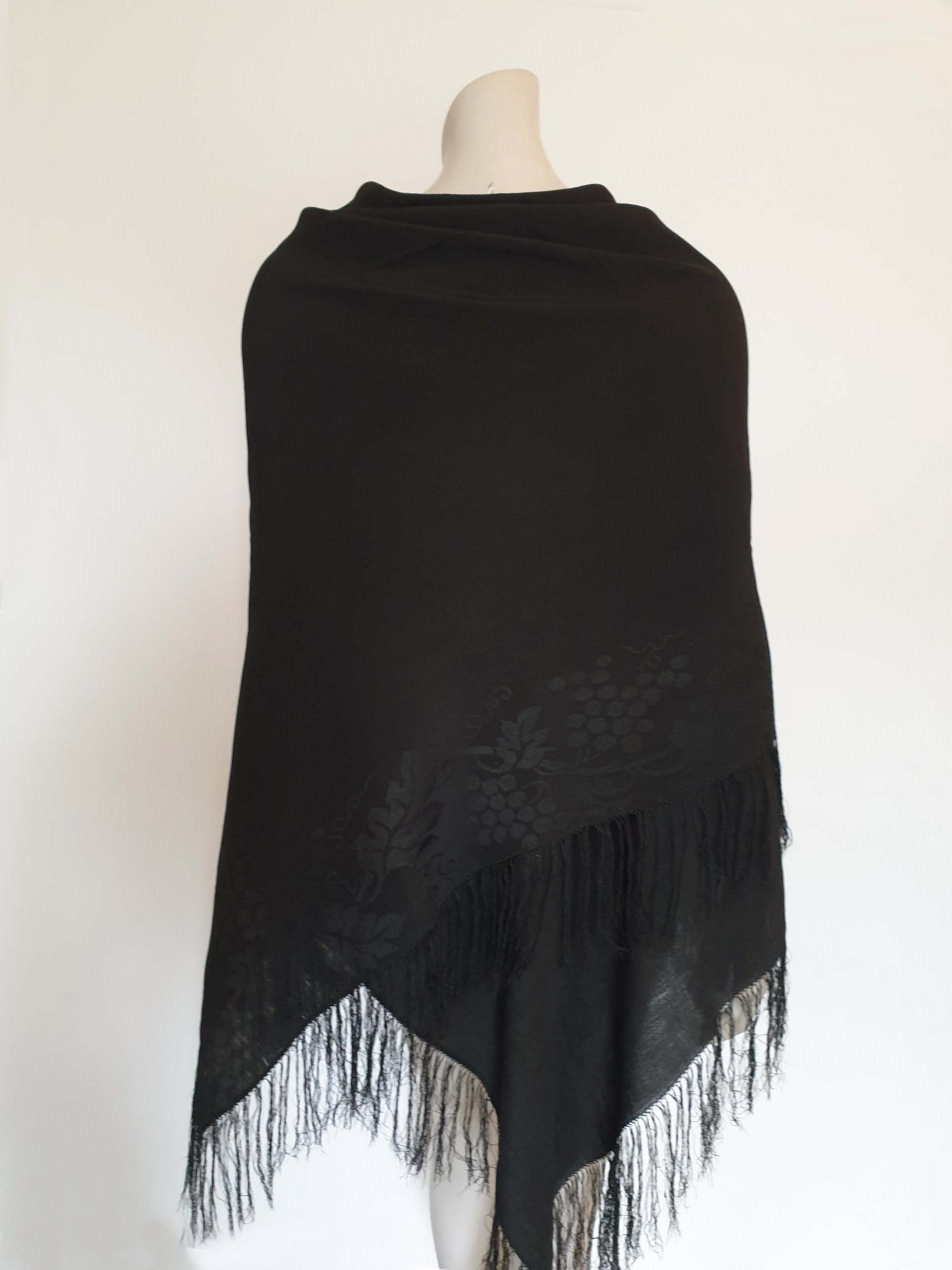 antique victorian 19th century black silk shawl with fringe