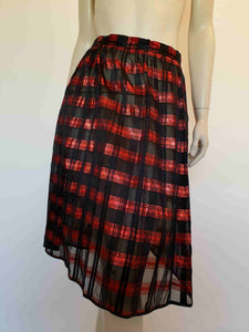 1980s vintage red lurex and sheer black apron style wrap skirt