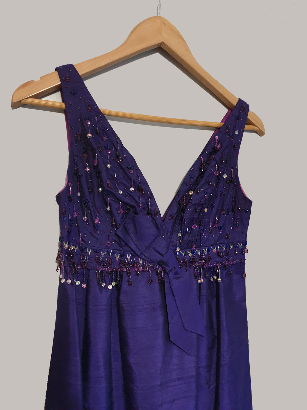 1960s vintage purple silk shantung beaded evening gown