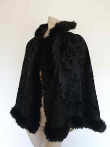 antique victorian 1890s beaded and appliqued black silk  opera cape with ostrich feather trim