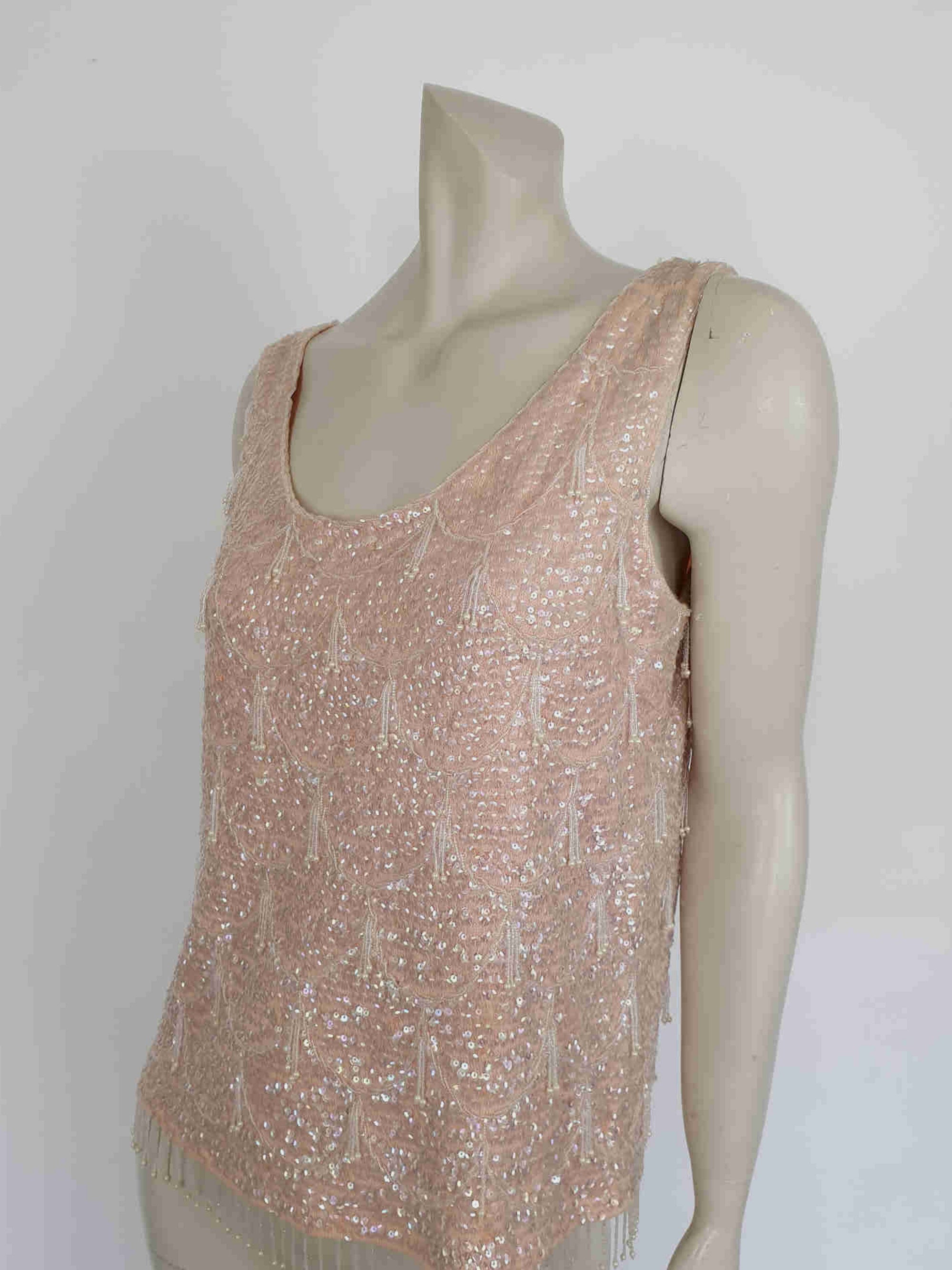 1960s vintage pink wool top with sequins and beading