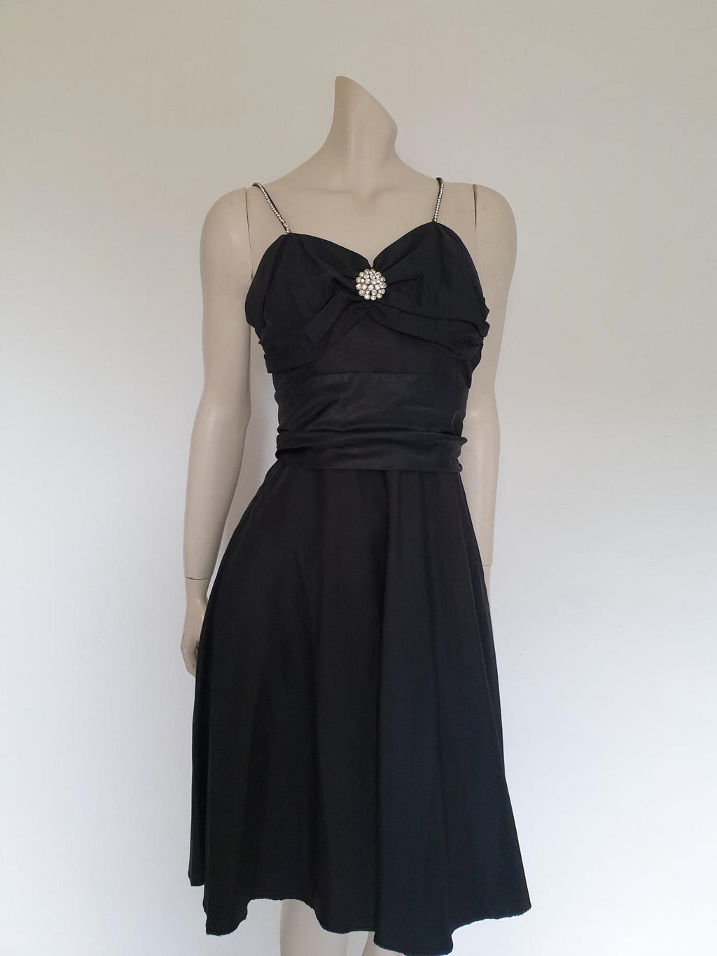1950s vintage black taffeta dance dress with full skirt diamantes and cummerbund xs