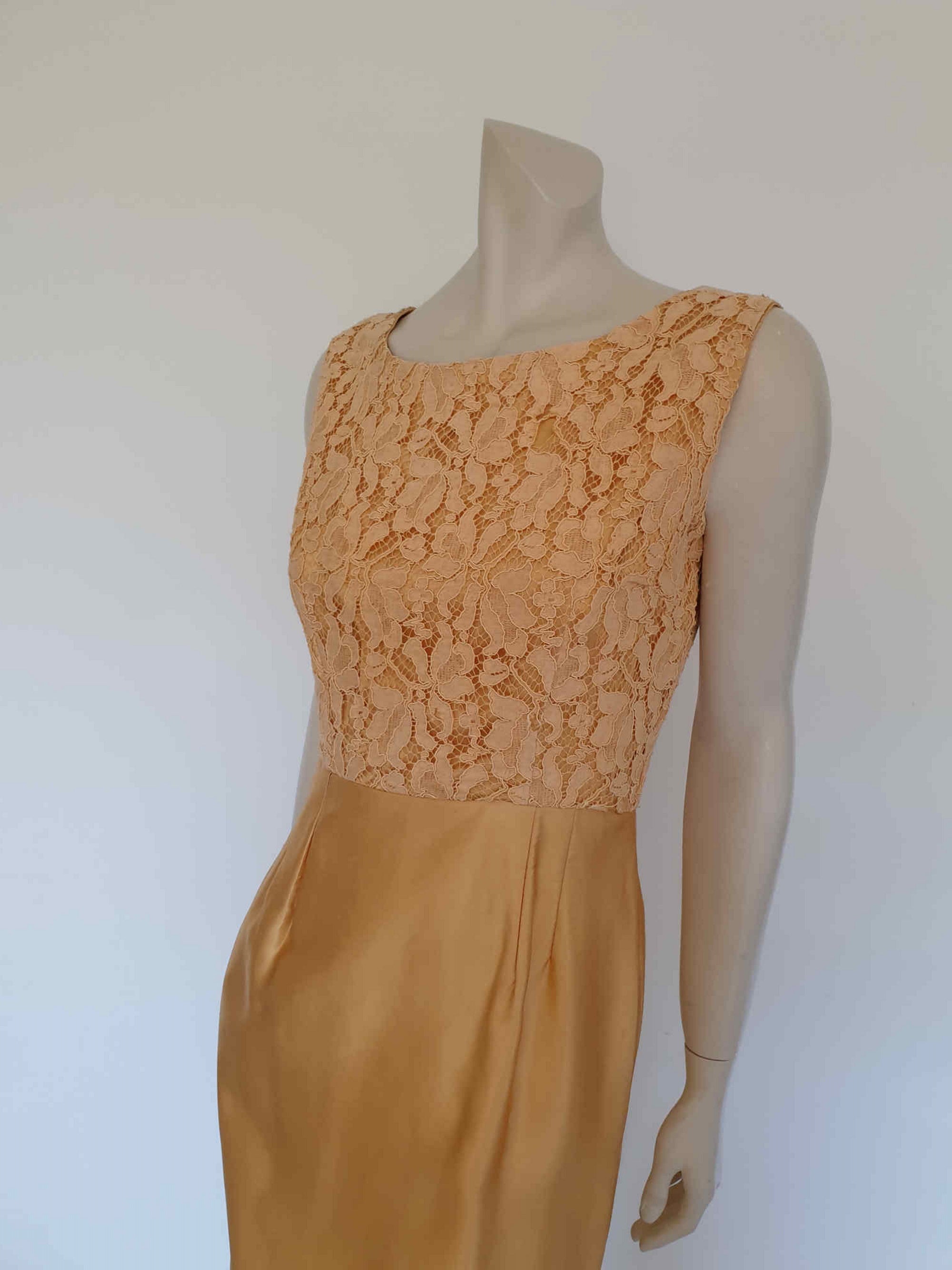 1960s gold satin and lace cocktail dress