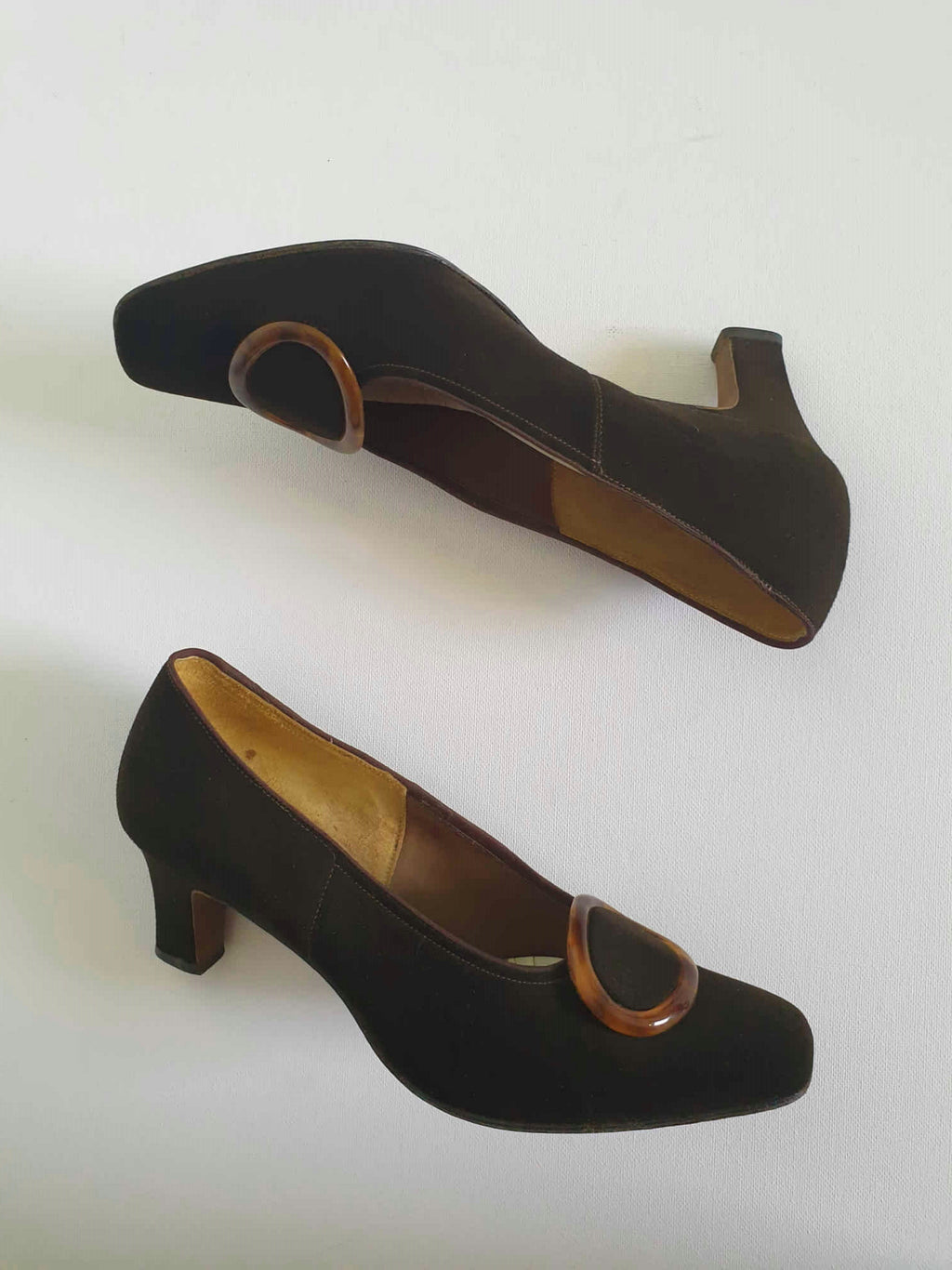 1960s vintage chocolate brown sued mid heel shoes with faux tortoiseshell buckle by siranna