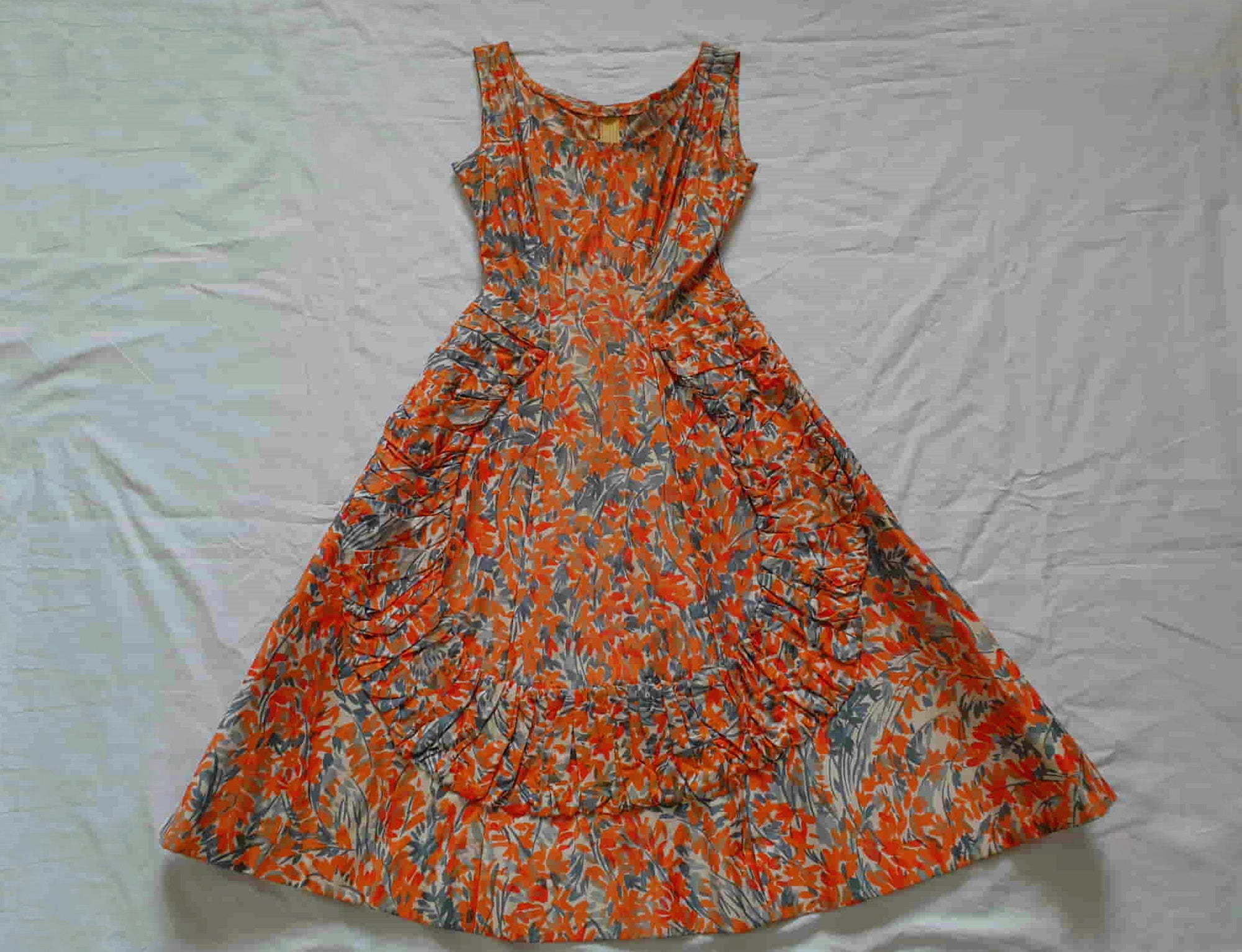 1950s Orange Floral Dress - XS & Petite