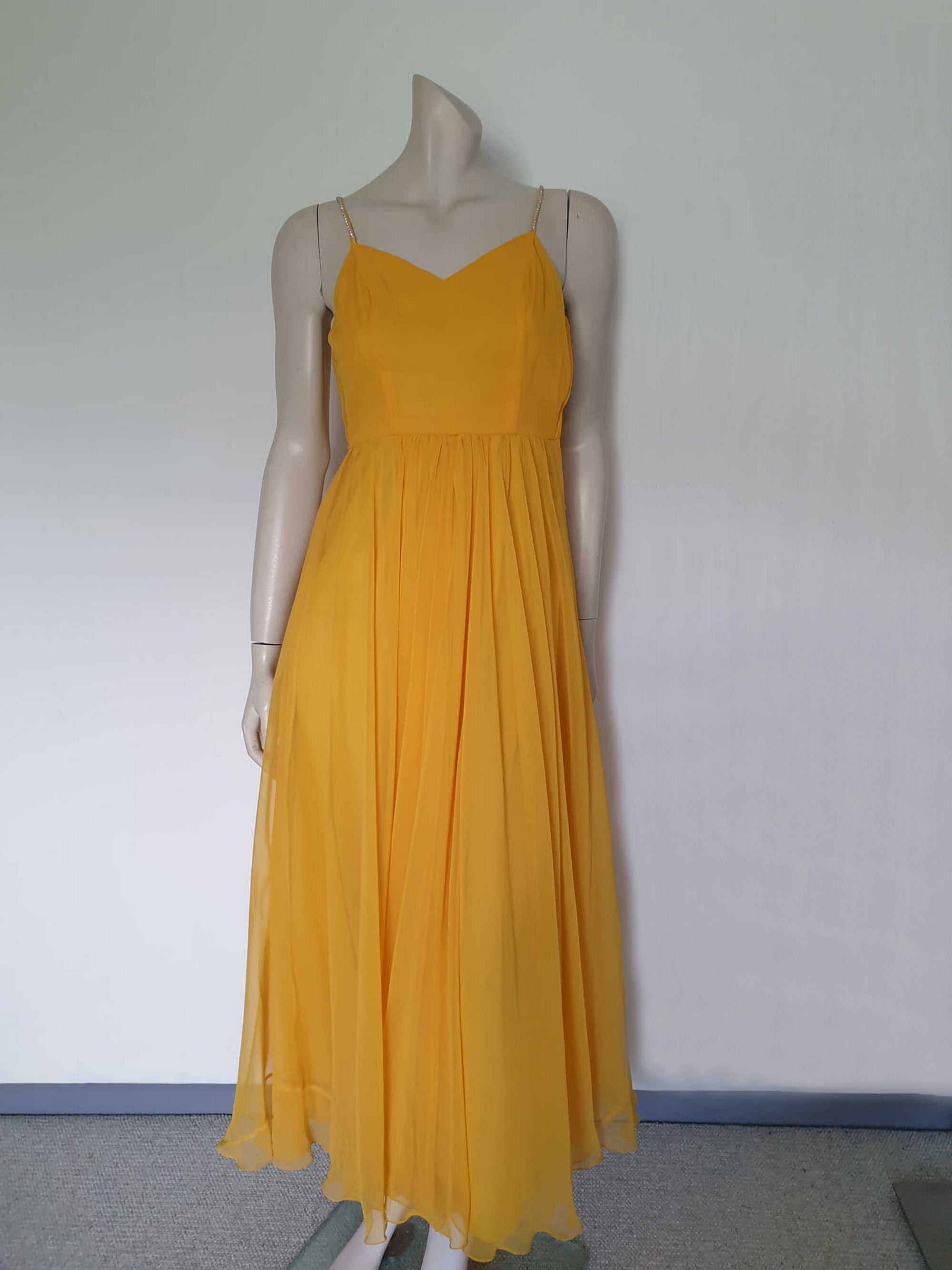 1970s Pineapple Yellow Chiffon Gown With Sparkle Straps by Mia