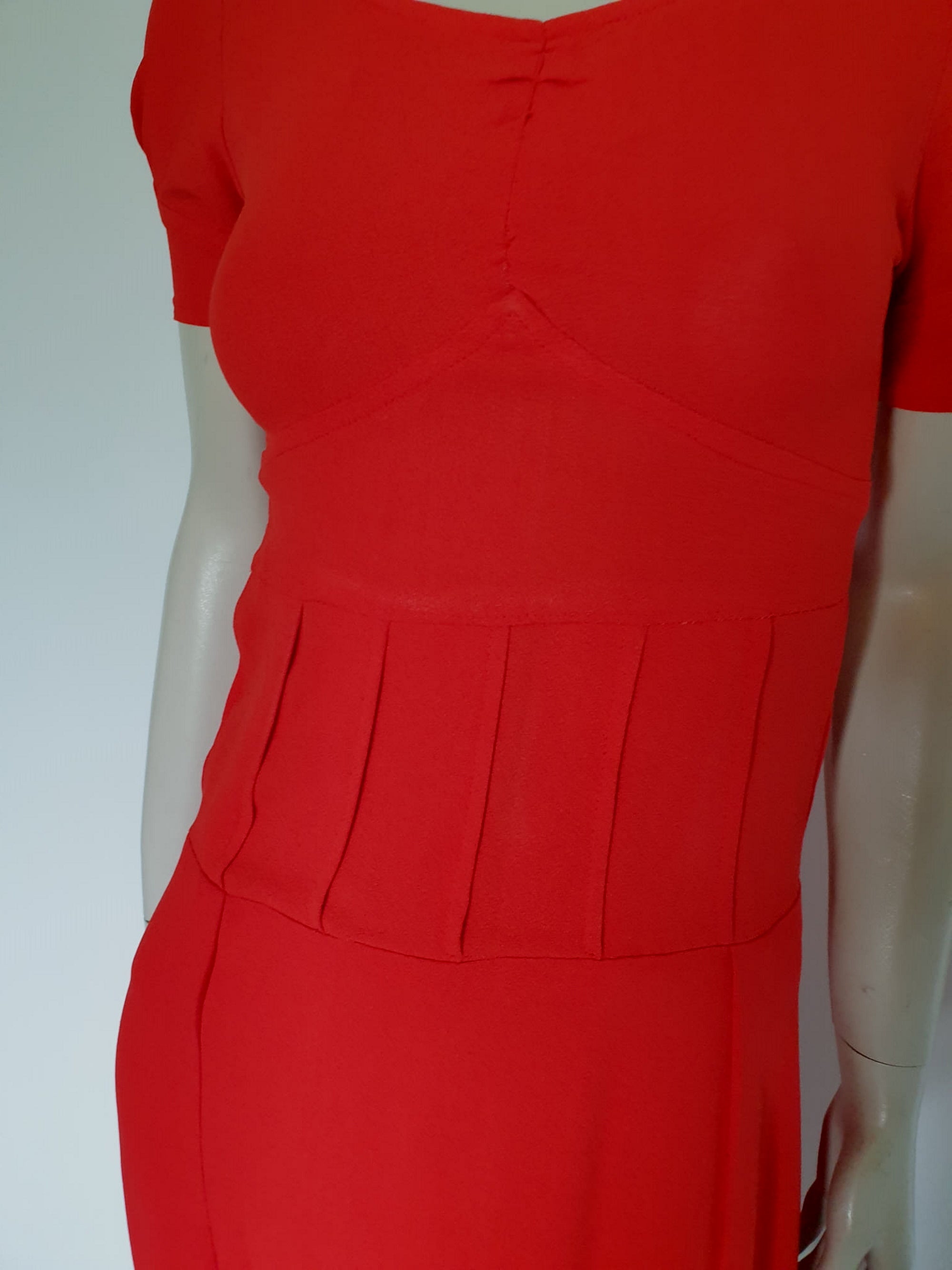 late 1960s vintage red crepe dress with puff sleeves