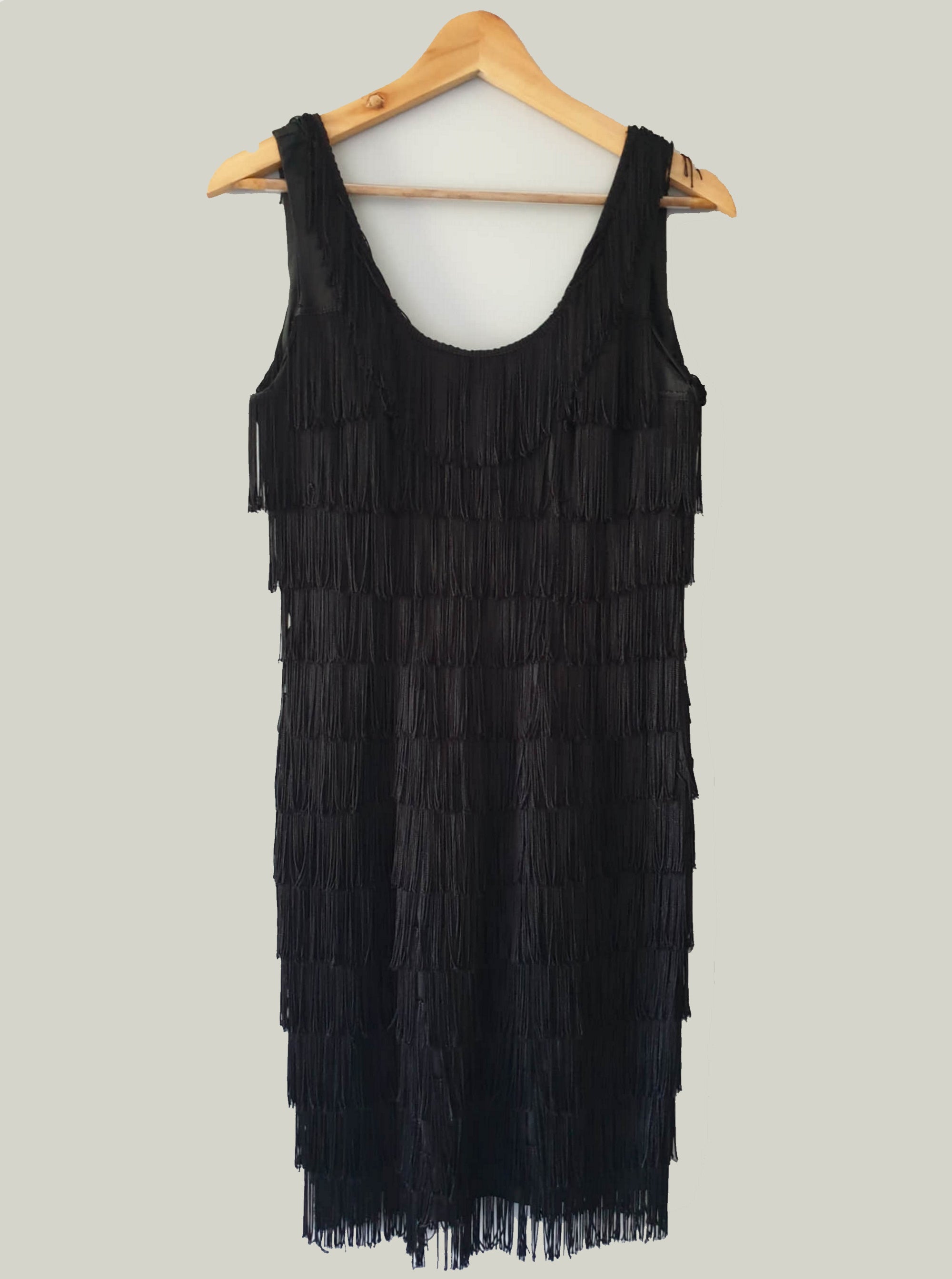 1980s vintage black mini dress with fringing by roberta