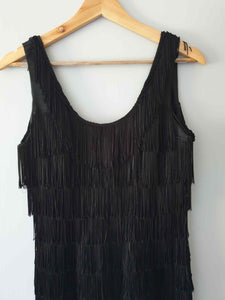 1980s vintage black mini dress with fringing by roberta