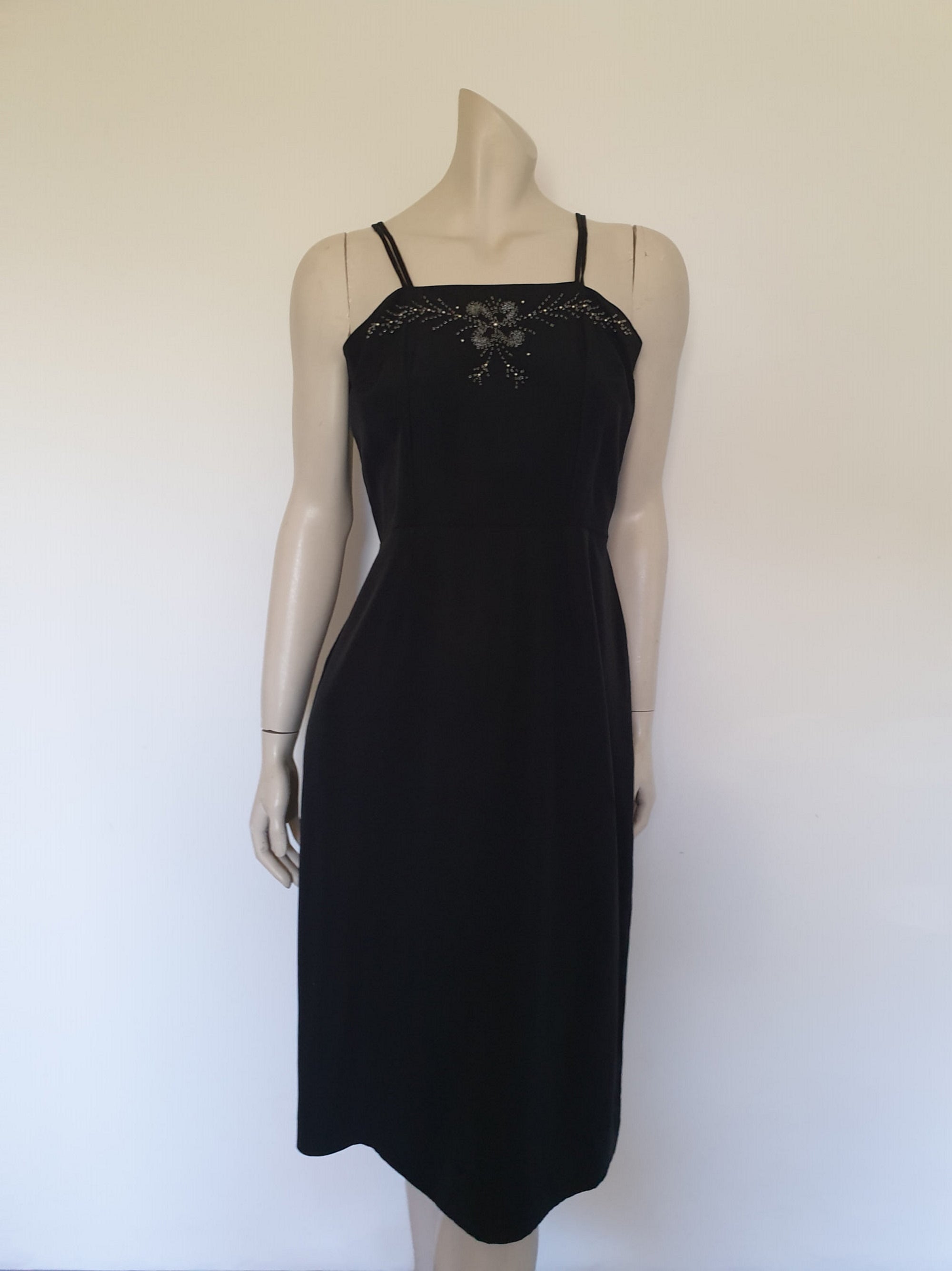 1950s black cocktail dress with beading size M