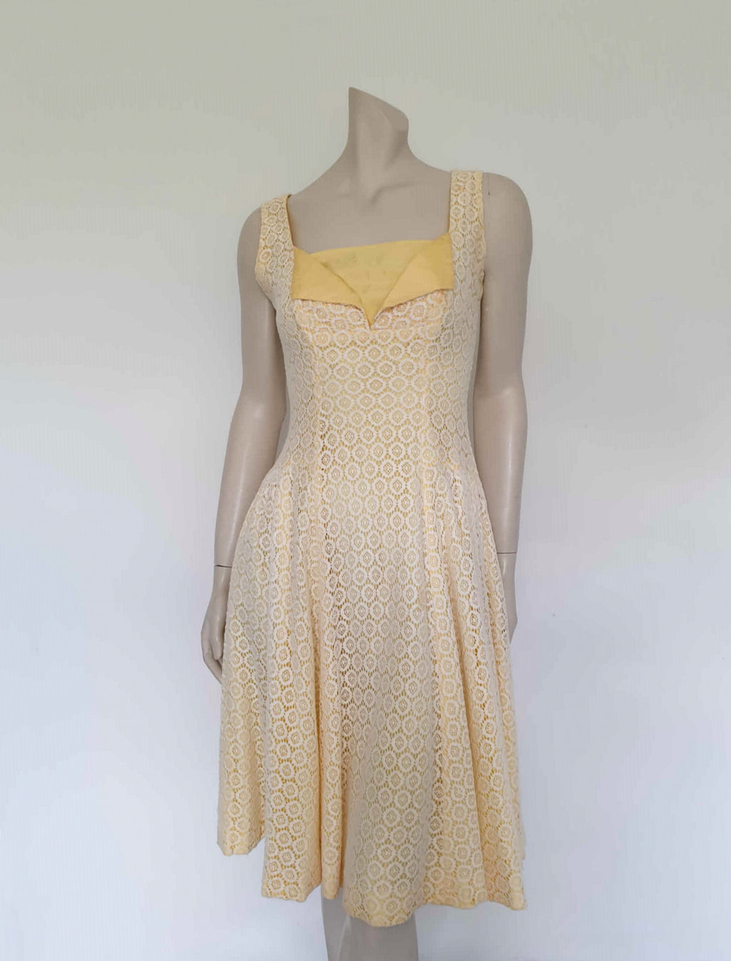 1960s vintage yellow and white lace dress by francine for you