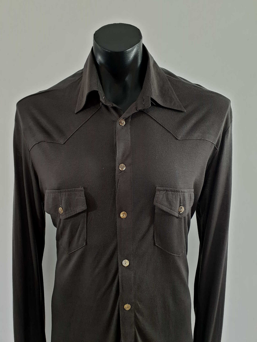 1980s vintage charcoal grey stretch body shirt by hoss