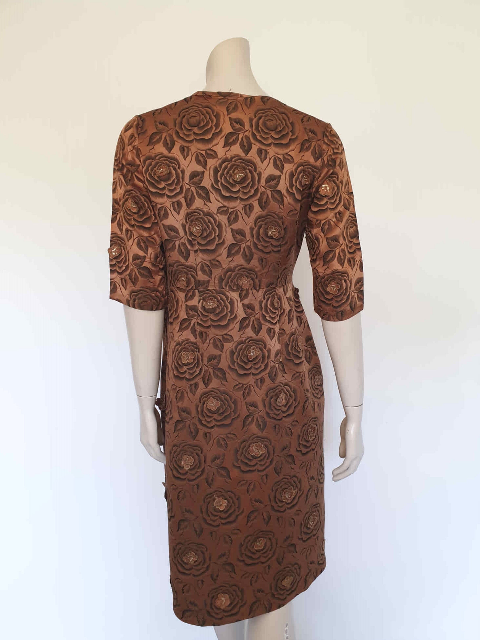 1940s vintage copper satin brocade dress with appliques