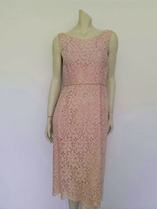 1960s vintage powder pink alencon lace cocktail dress with rear bows