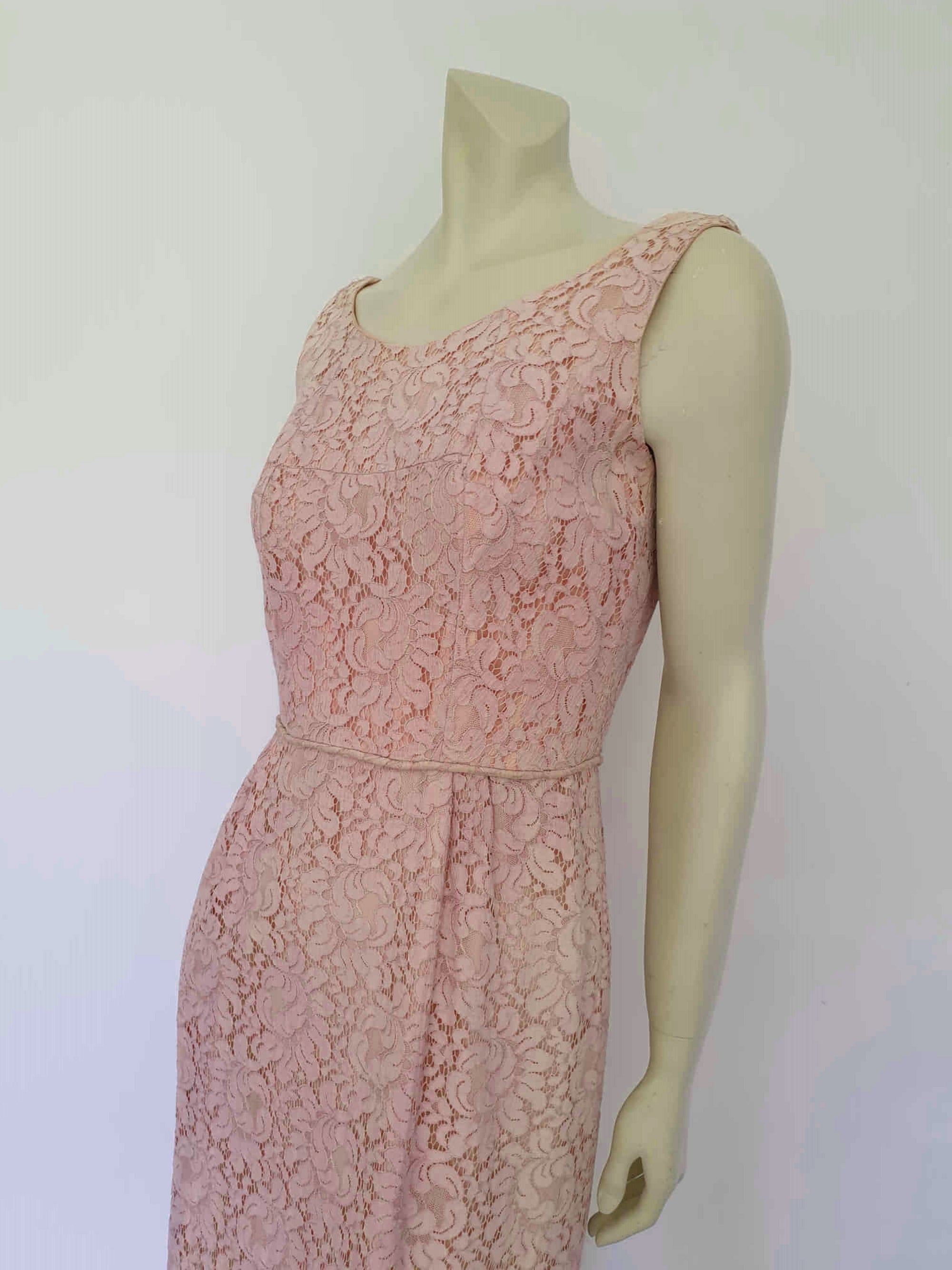 1960s vintage powder pink alencon lace cocktail dress with rear bows