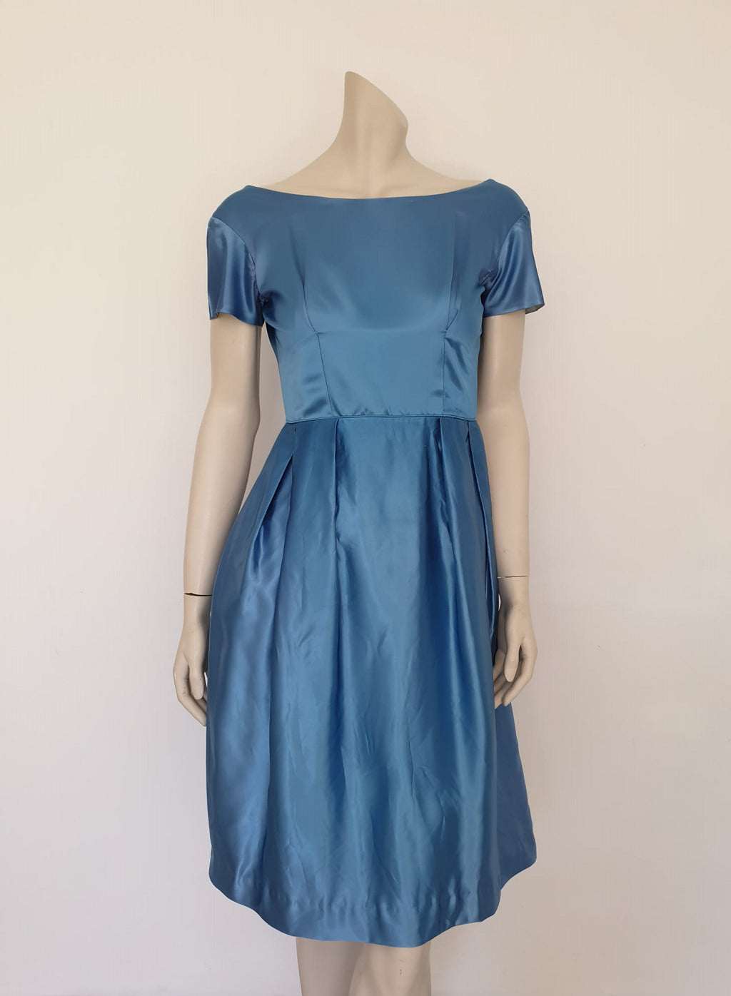 1960s vintage blue satin dress with rose at the back