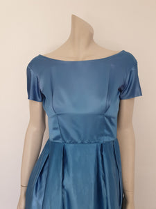1960s vintage blue satin dress with rose at the back