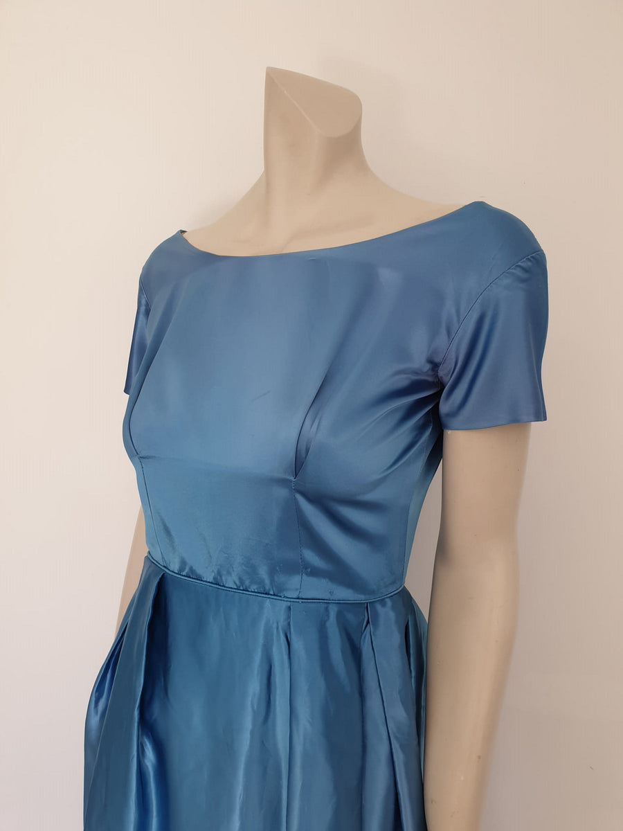 1960s Blue Satin Dress With Rose - S – Louisa Amelia Jane Vintage