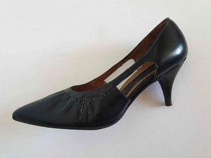 1960s vintage black leather shoes with cut out sides pointy toes stiletto heels