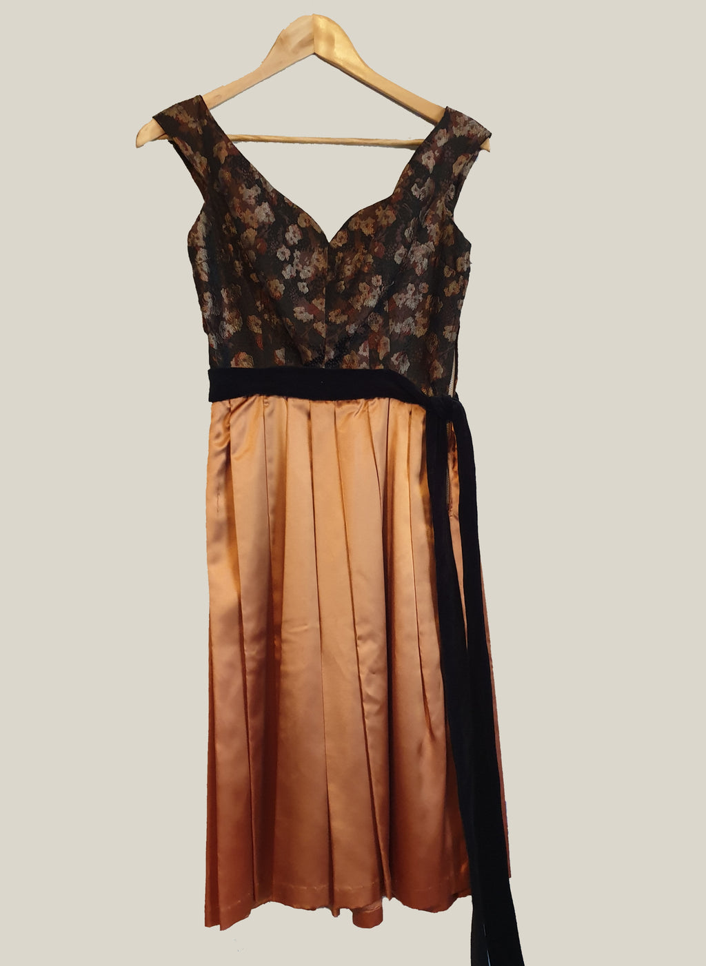 1950s vintage brocade and copper satin dress
