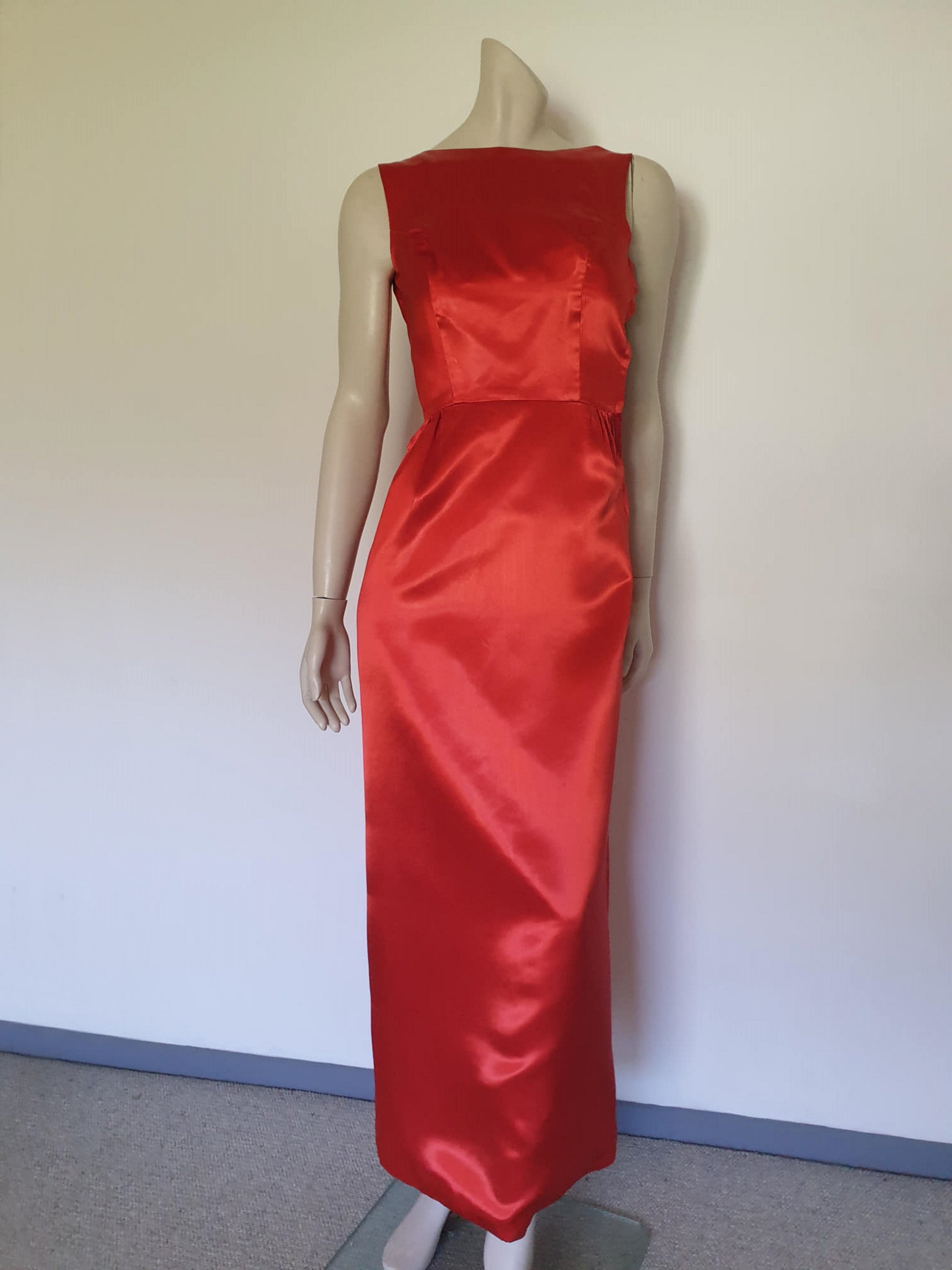 1960s vintage red satin pencil dress evening gown glamour