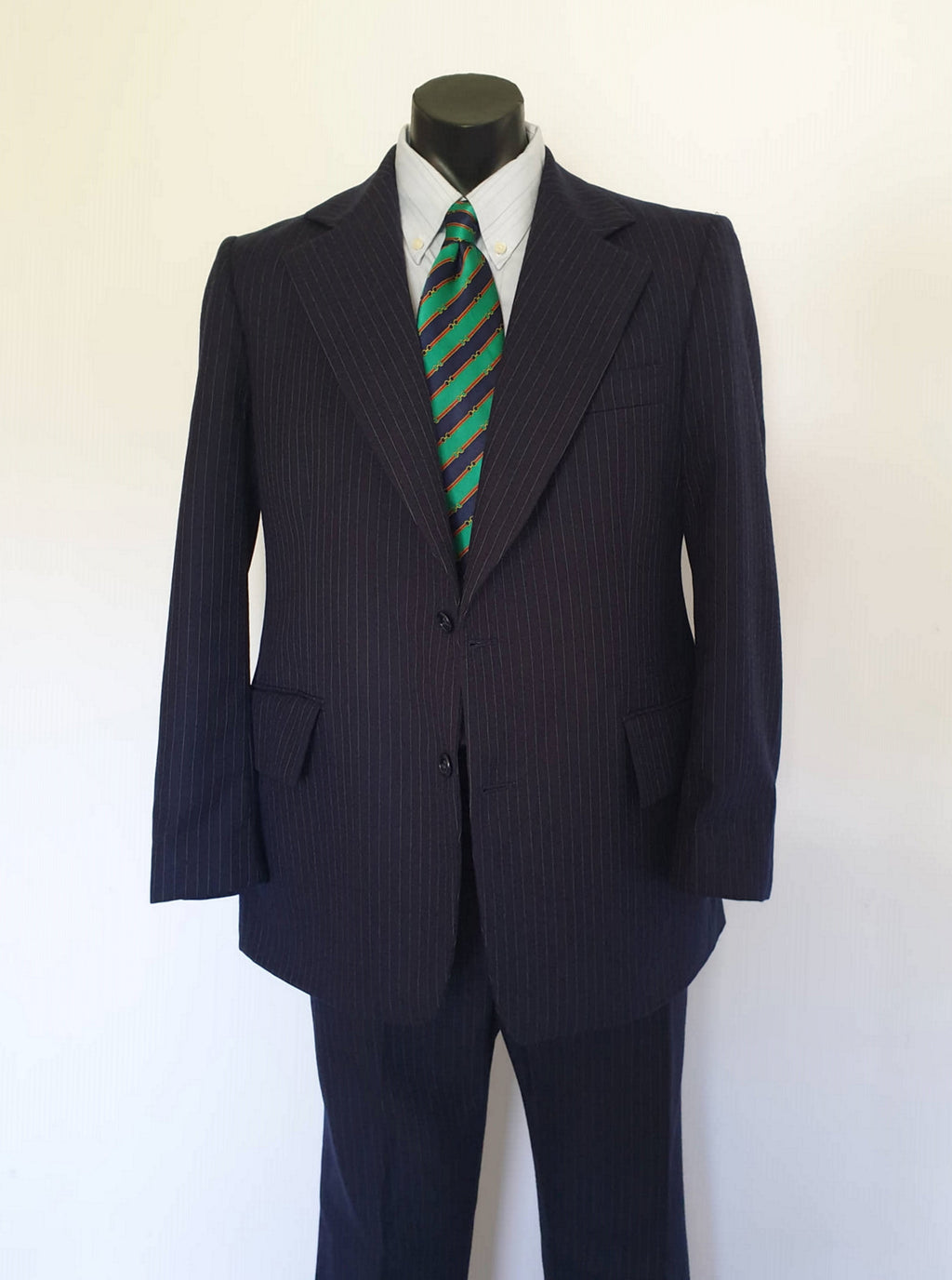 1970s vintage navy blue pin striped wool suit charles bud tingwell estate