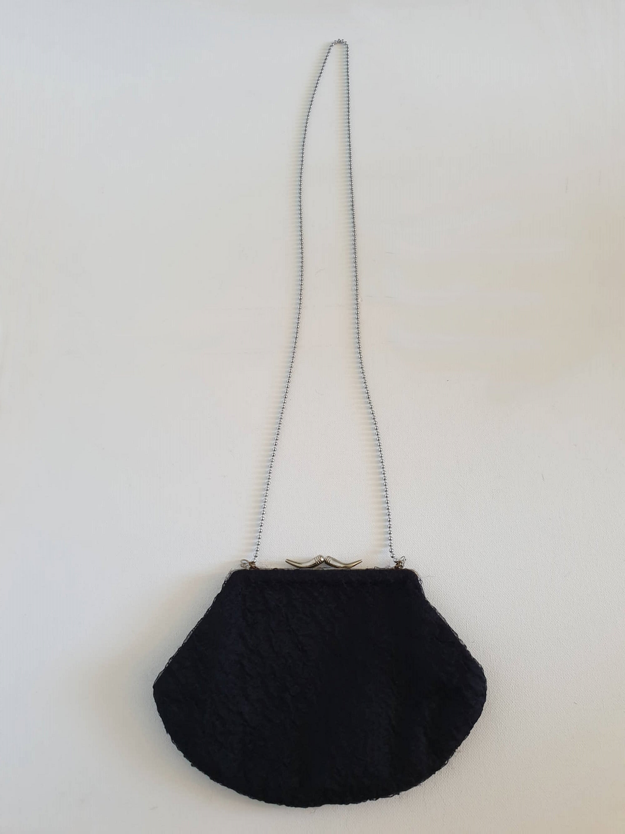 1960s vintage black crinkle chiffon evening purse on a chain