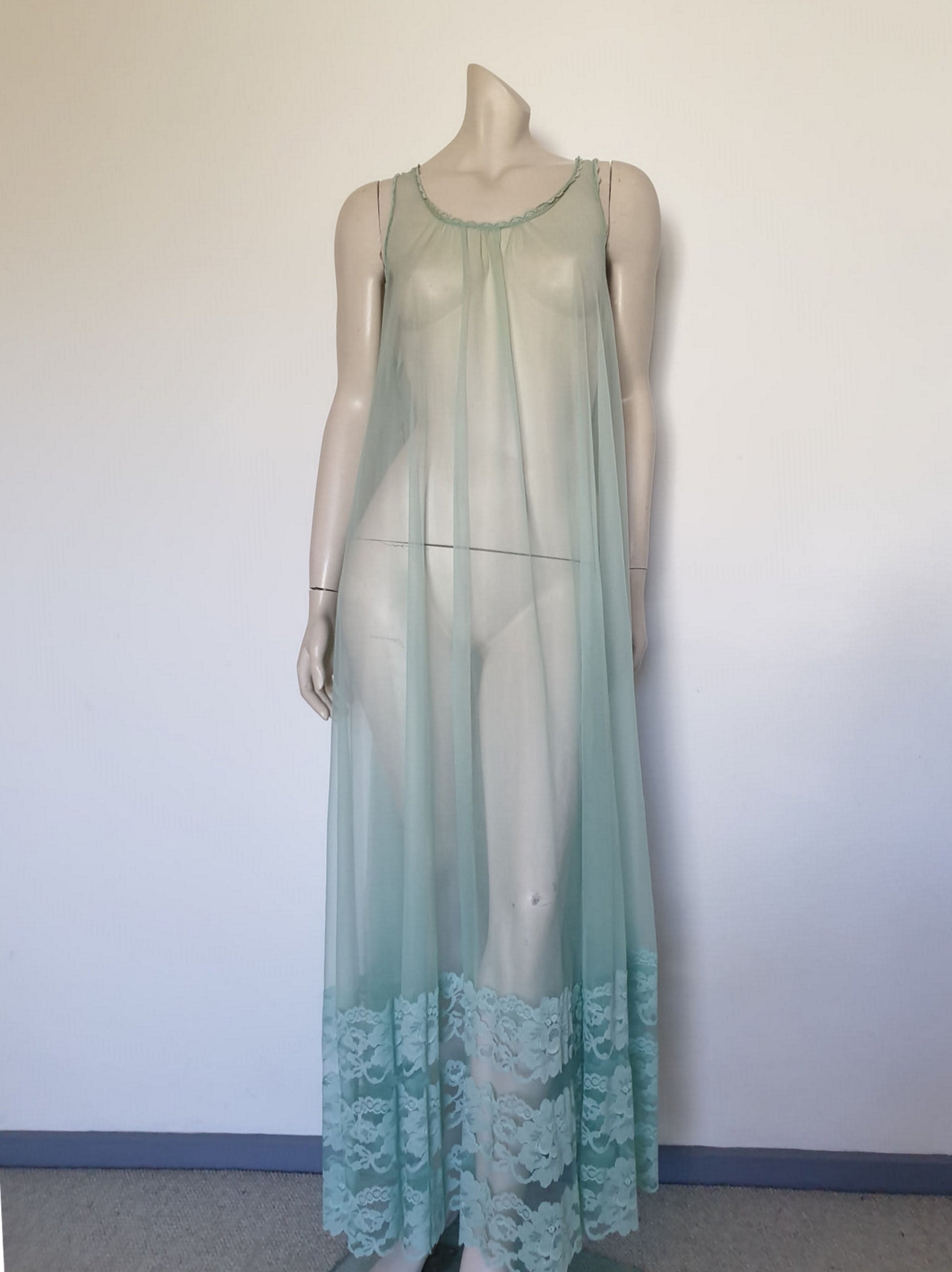 1960s 1970s vintage lingerie  sheer green negligee nightgown 