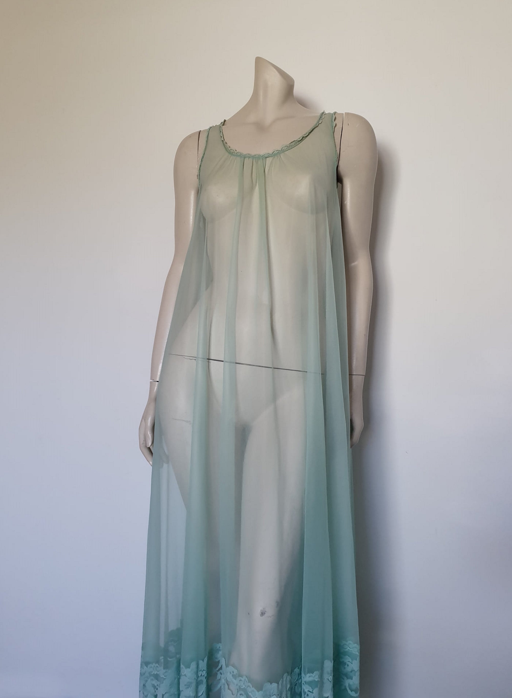 Sheer Aquamarine Negligee, Nightgown - M – Louisa Amelia Jane Vintage