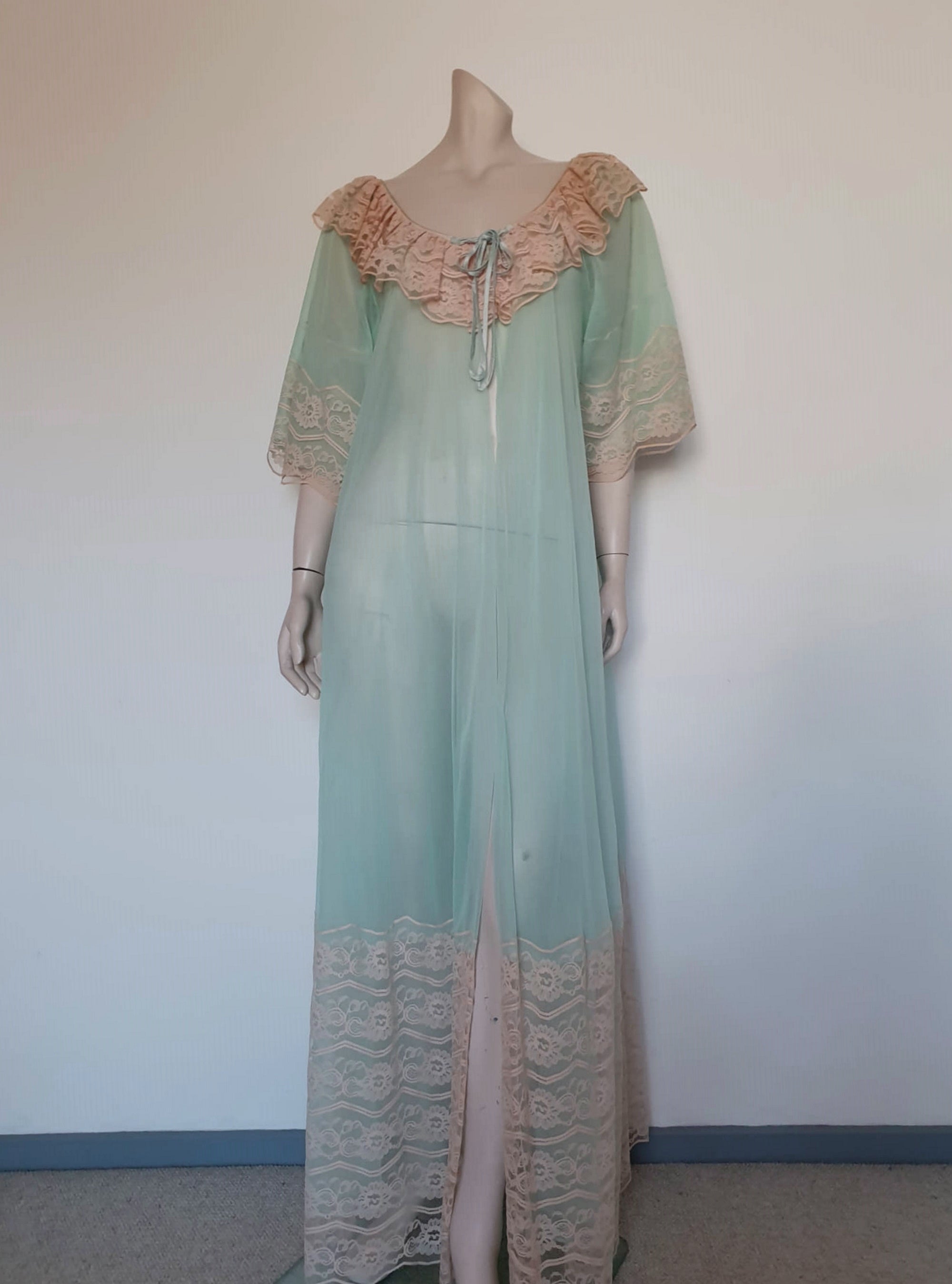 vintage 1960s sheer aqua peignoir robe hollywood glamour large
