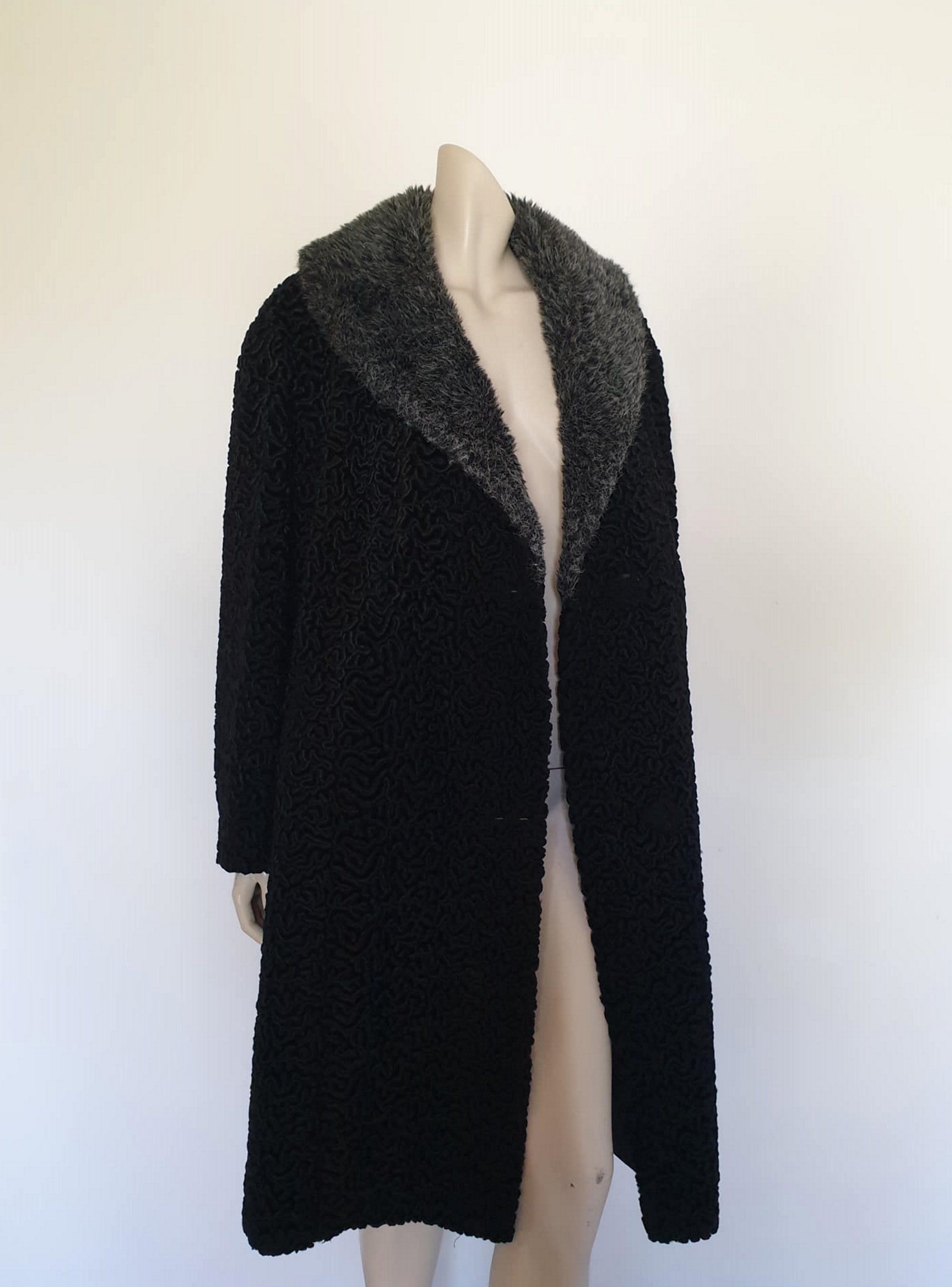 1960s vintage fake astrakhan curly lamb coat with faux fur collar by dasall - Large
