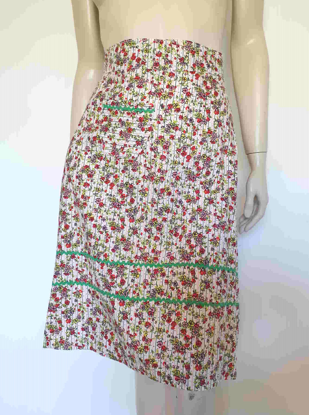 vintage red and green floral half apron cotton