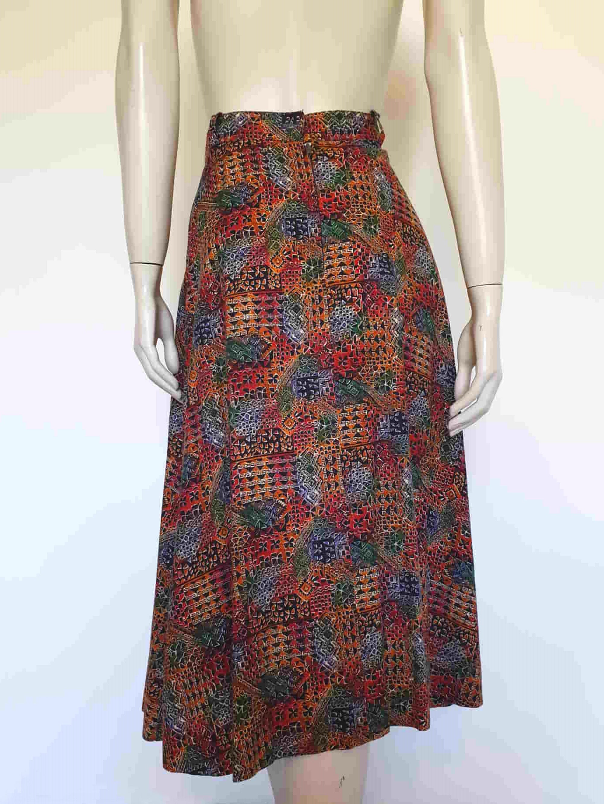 1970s vintage pleated aztec print autumn tone skirt medium