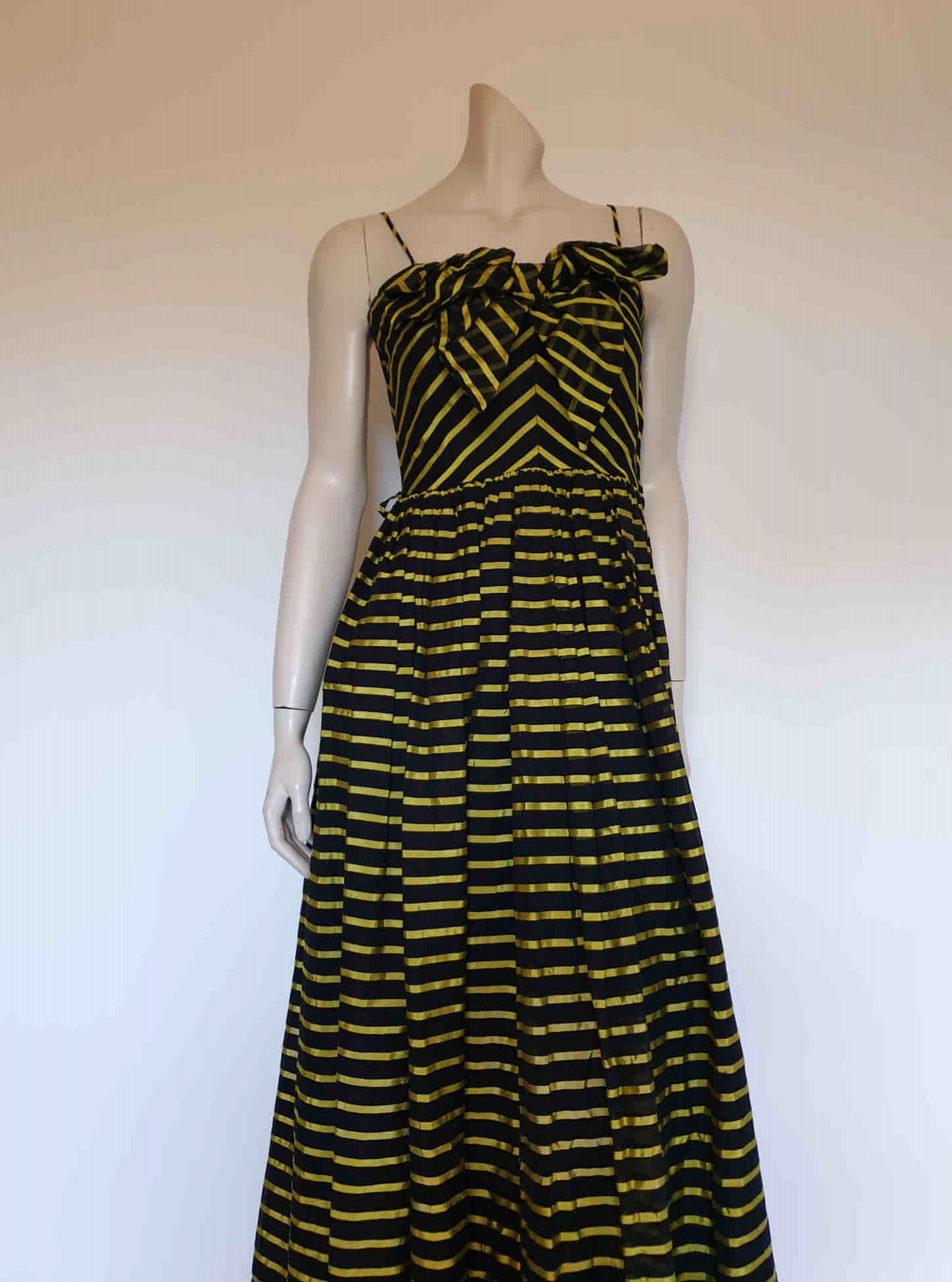 1950s vintage evening gown black and yellow stripes by fairy frocks small