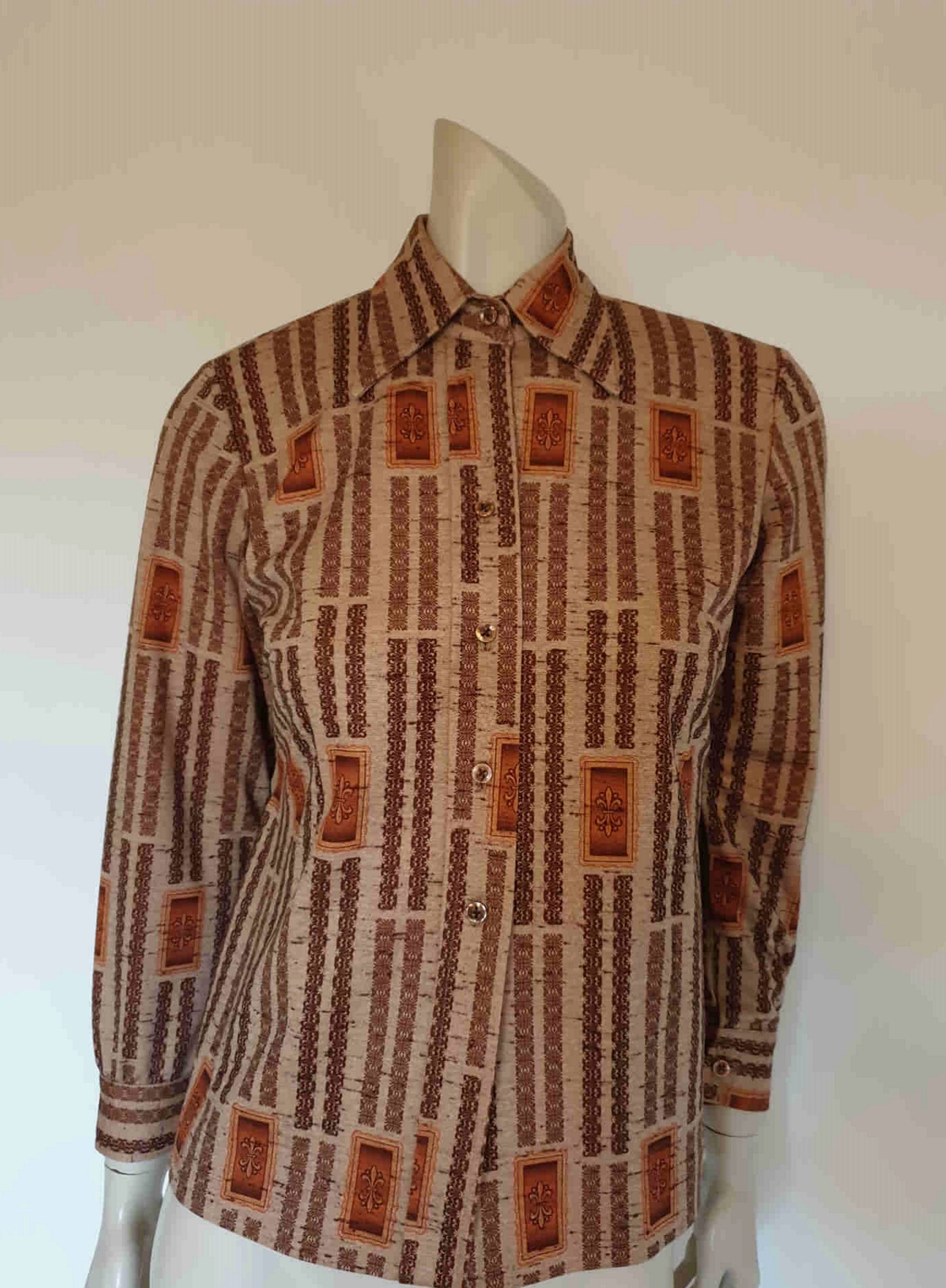 1970s brown print jersey blouse - medium