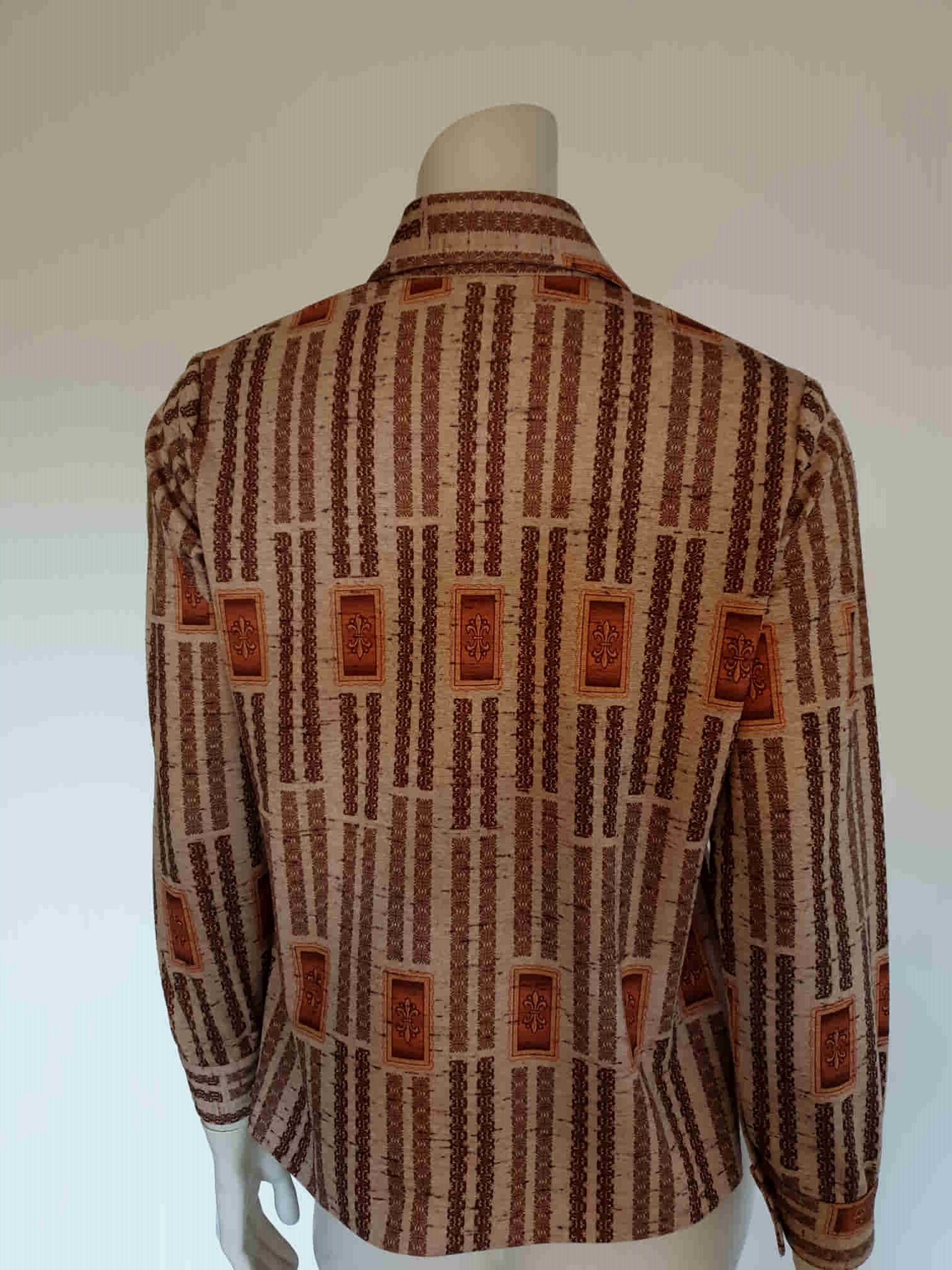1970s brown print jersey blouse - medium