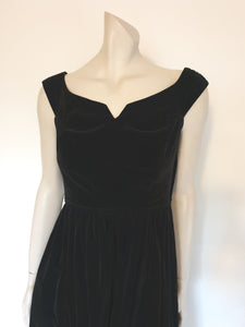 1950s 1960s vintage black velvet dress with wide neck