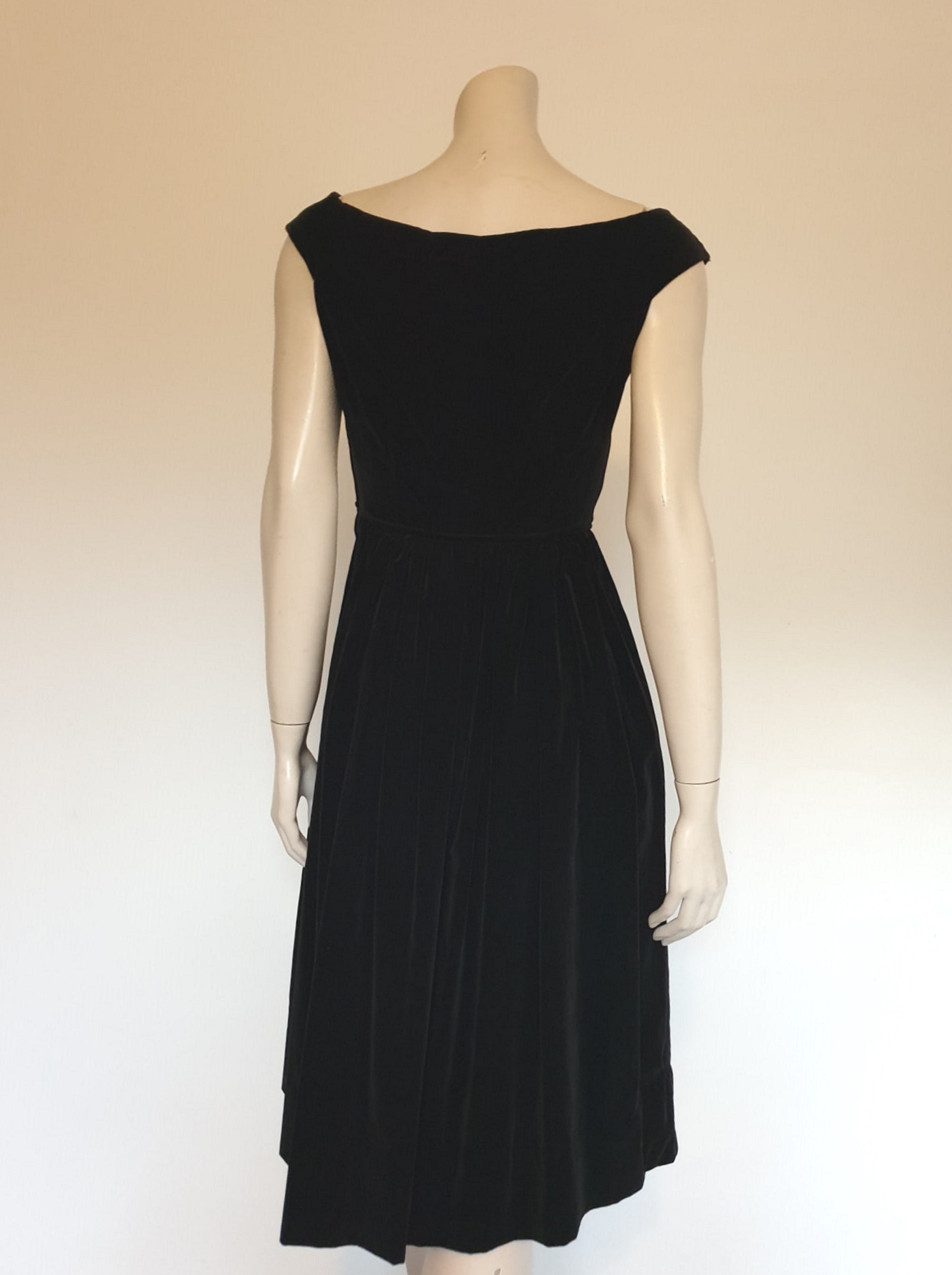 1950s 1960s vintage black velvet dress with wide neck