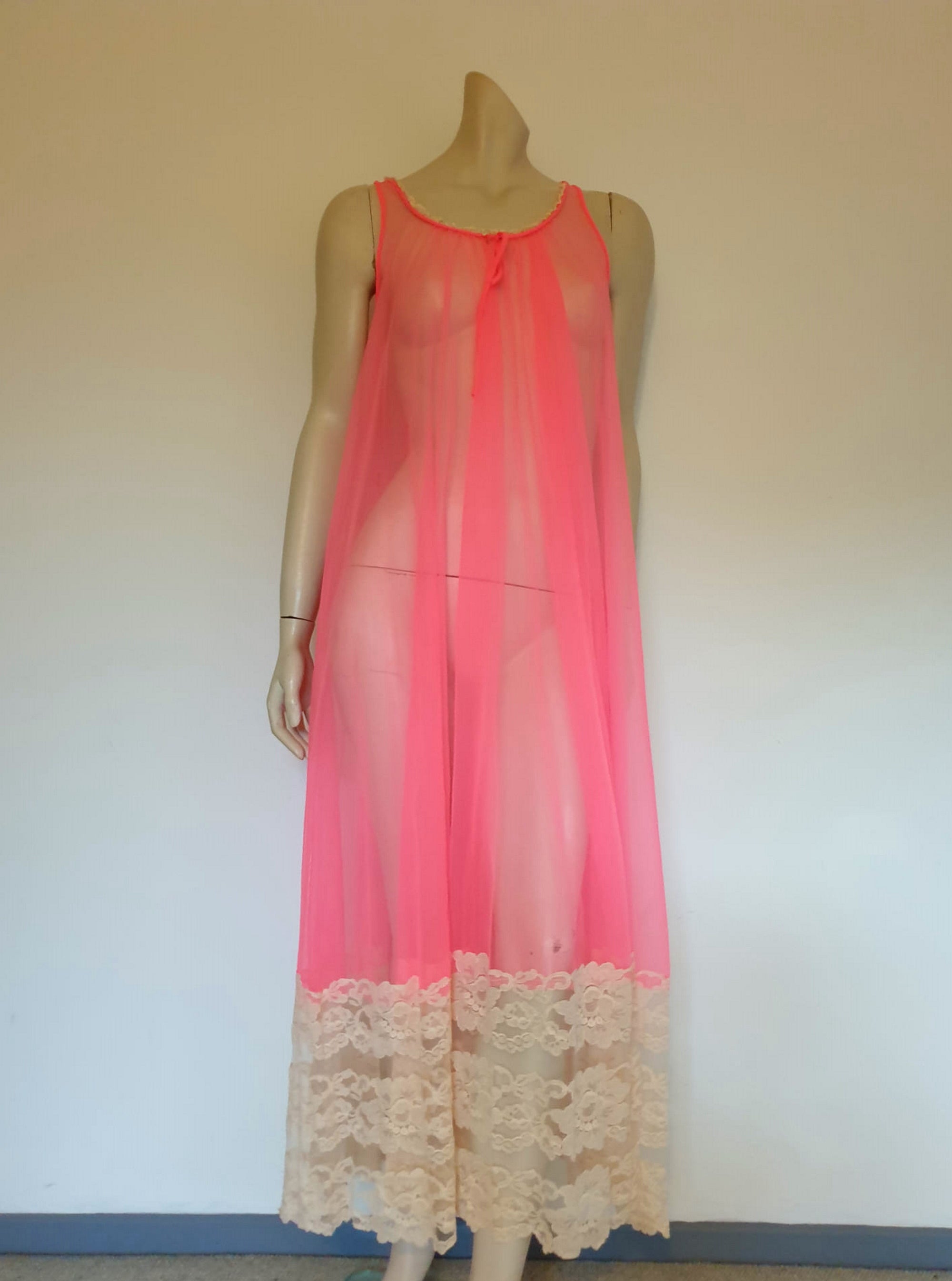 1960s sexy vintage hot pink sheer long negligee with deep lace border
