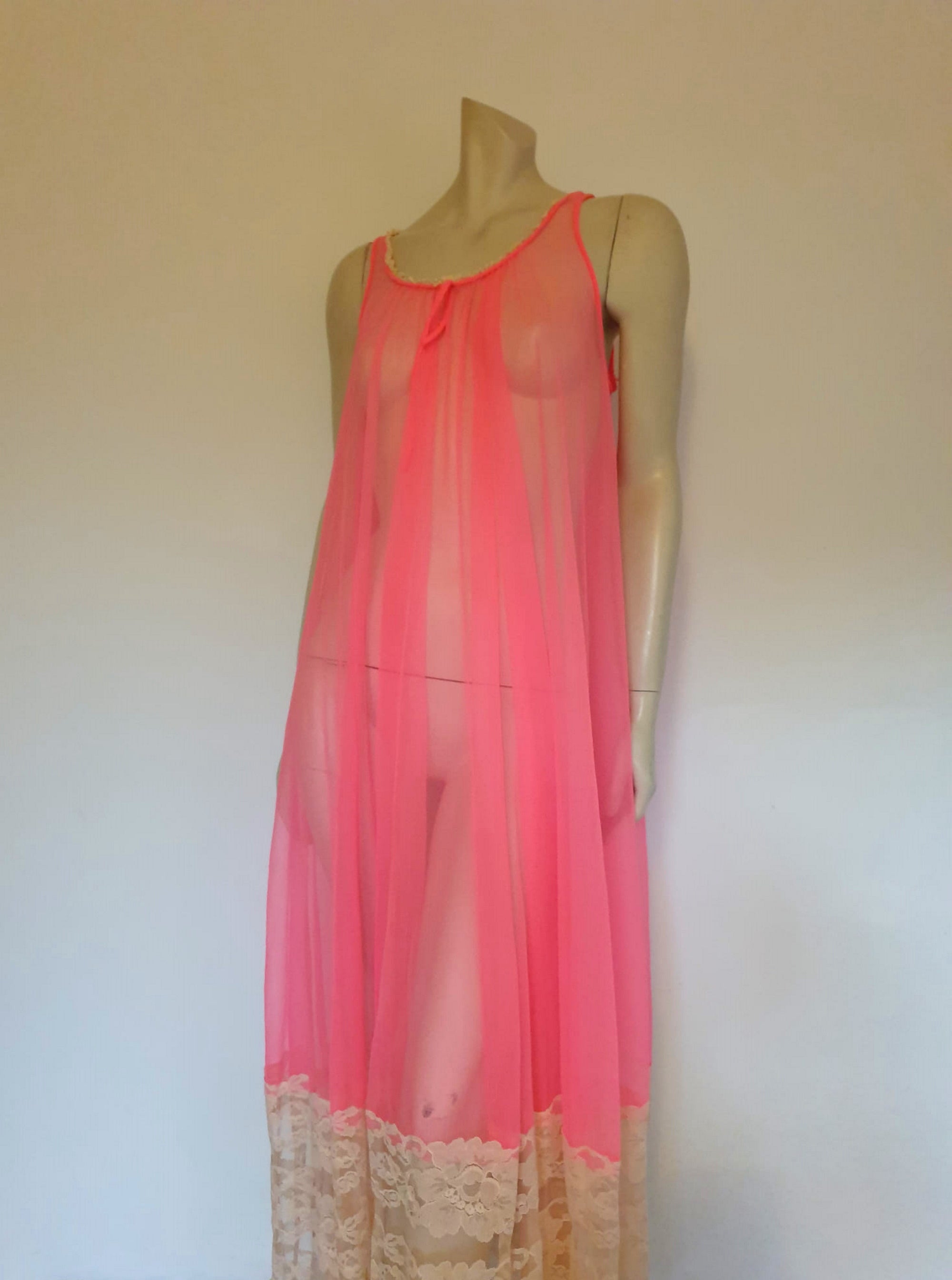 1960s sexy vintage hot pink sheer long negligee with deep lace border