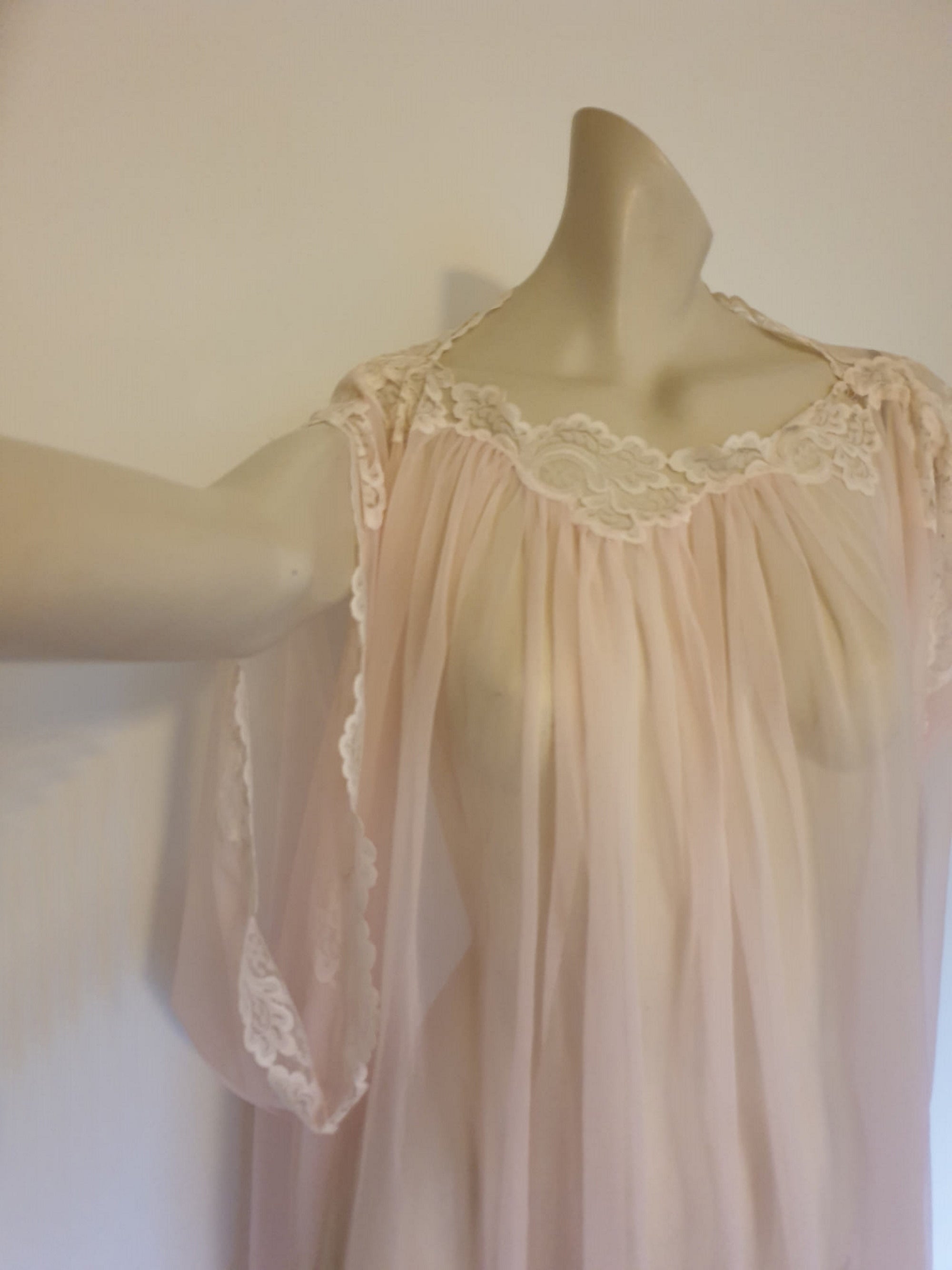 vintage sheer pink goddess negligee by cahill - one size