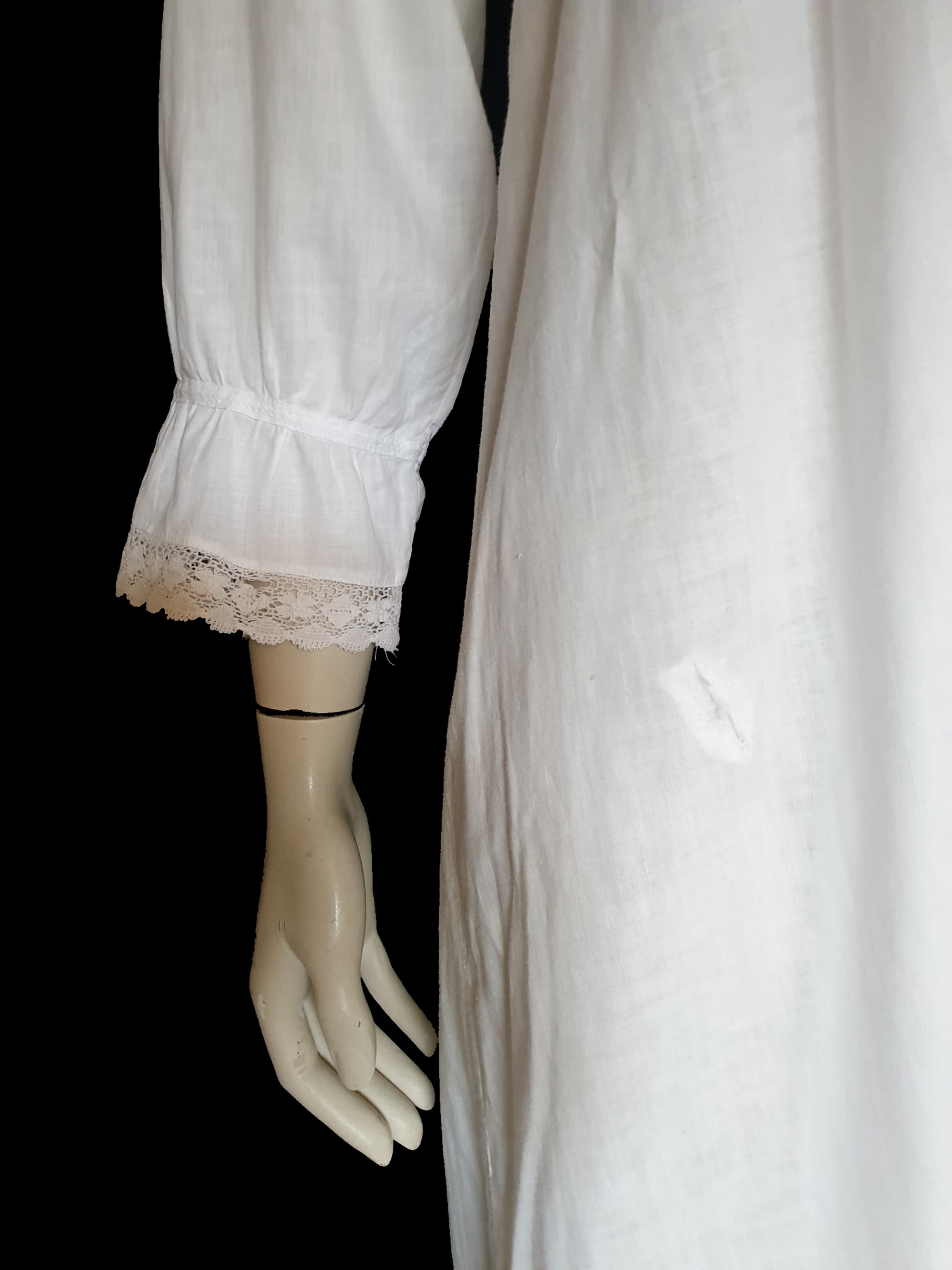 antique edwardian white cotton nightgown with broderie anglaise eyelet yoke