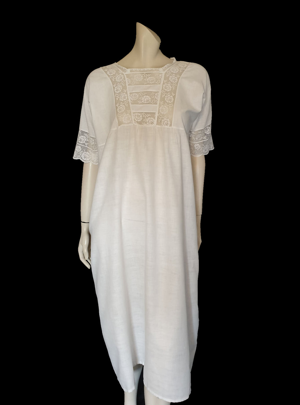 antique edwardian linen dress nightgown with lace inserts - medium