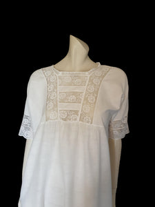 antique edwardian linen dress nightgown with lace inserts - medium