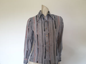1970s grey striped shirt with pointed collar - medium