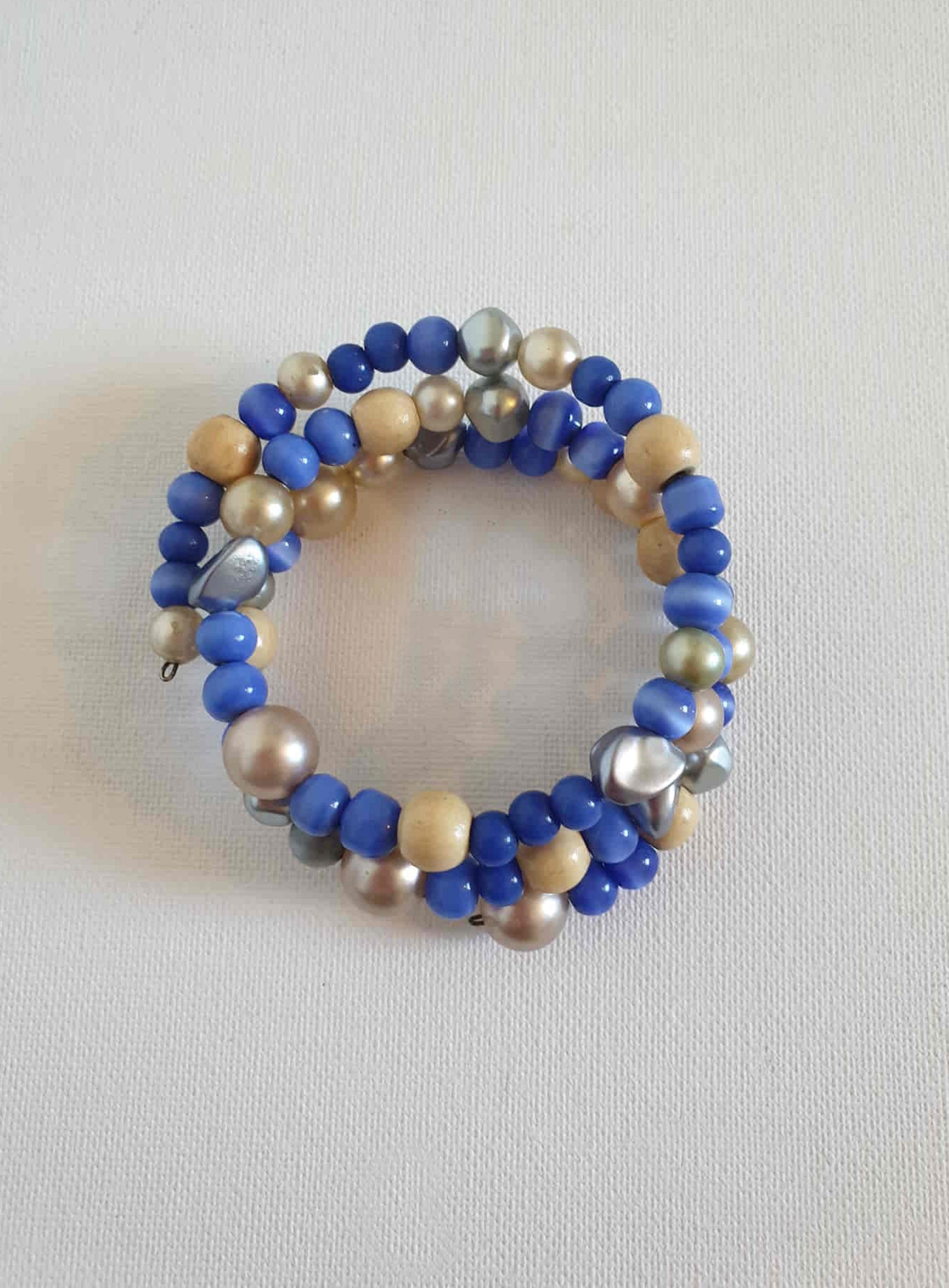 vintage blue beaded spiral bracelet cuff