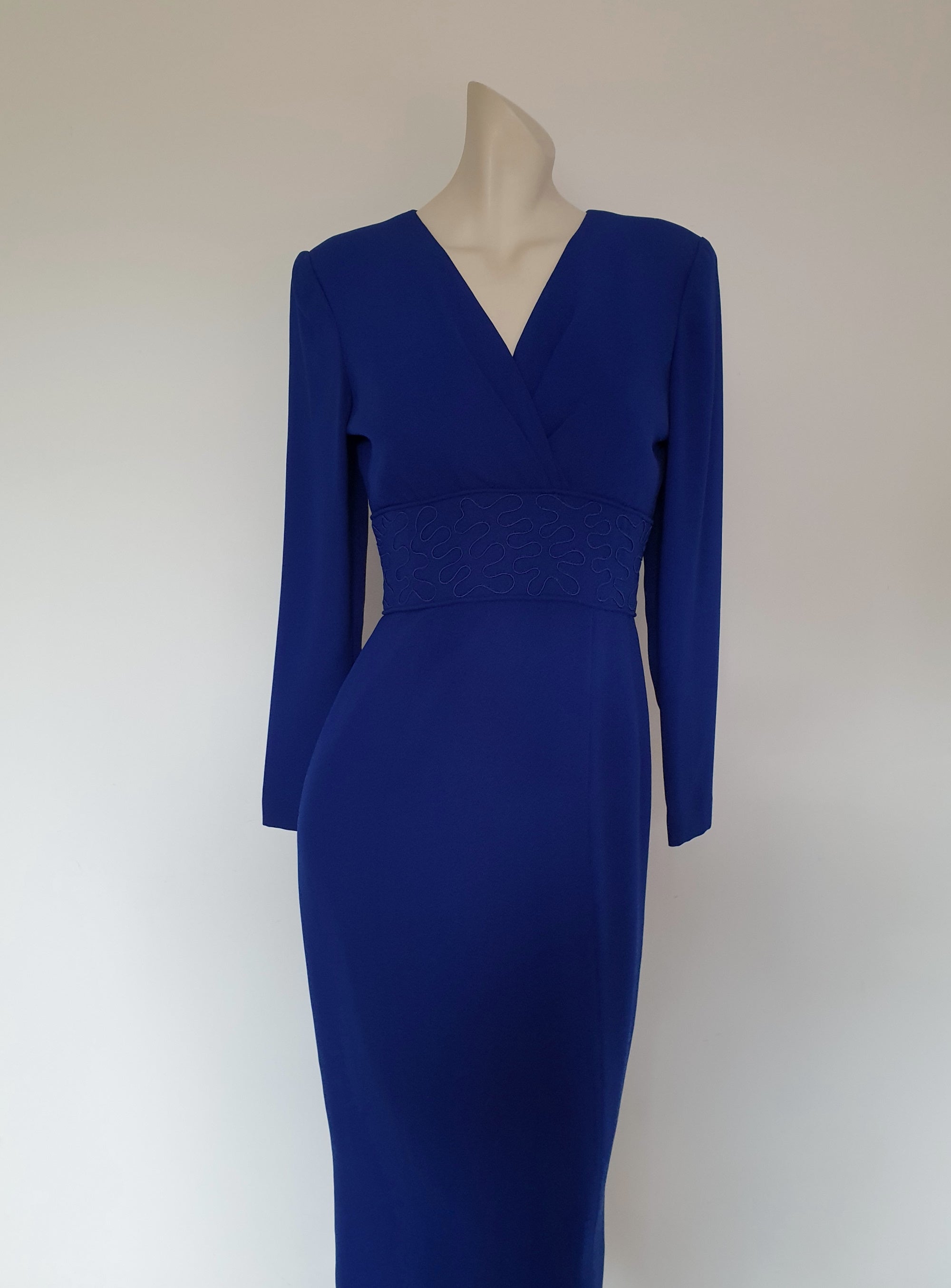 1990s vintage long blue crepe dress by david warren - small