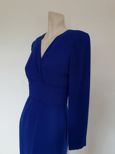1990s vintage long blue crepe dress by david warren - small