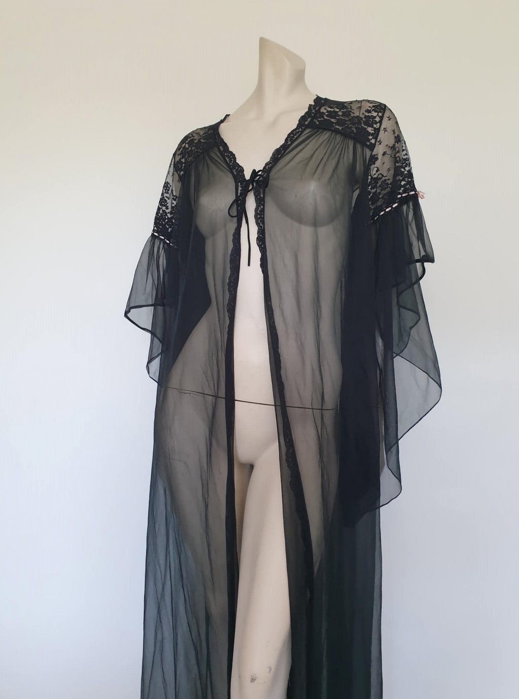 vintage sheer black peignoir with fancy sleeves